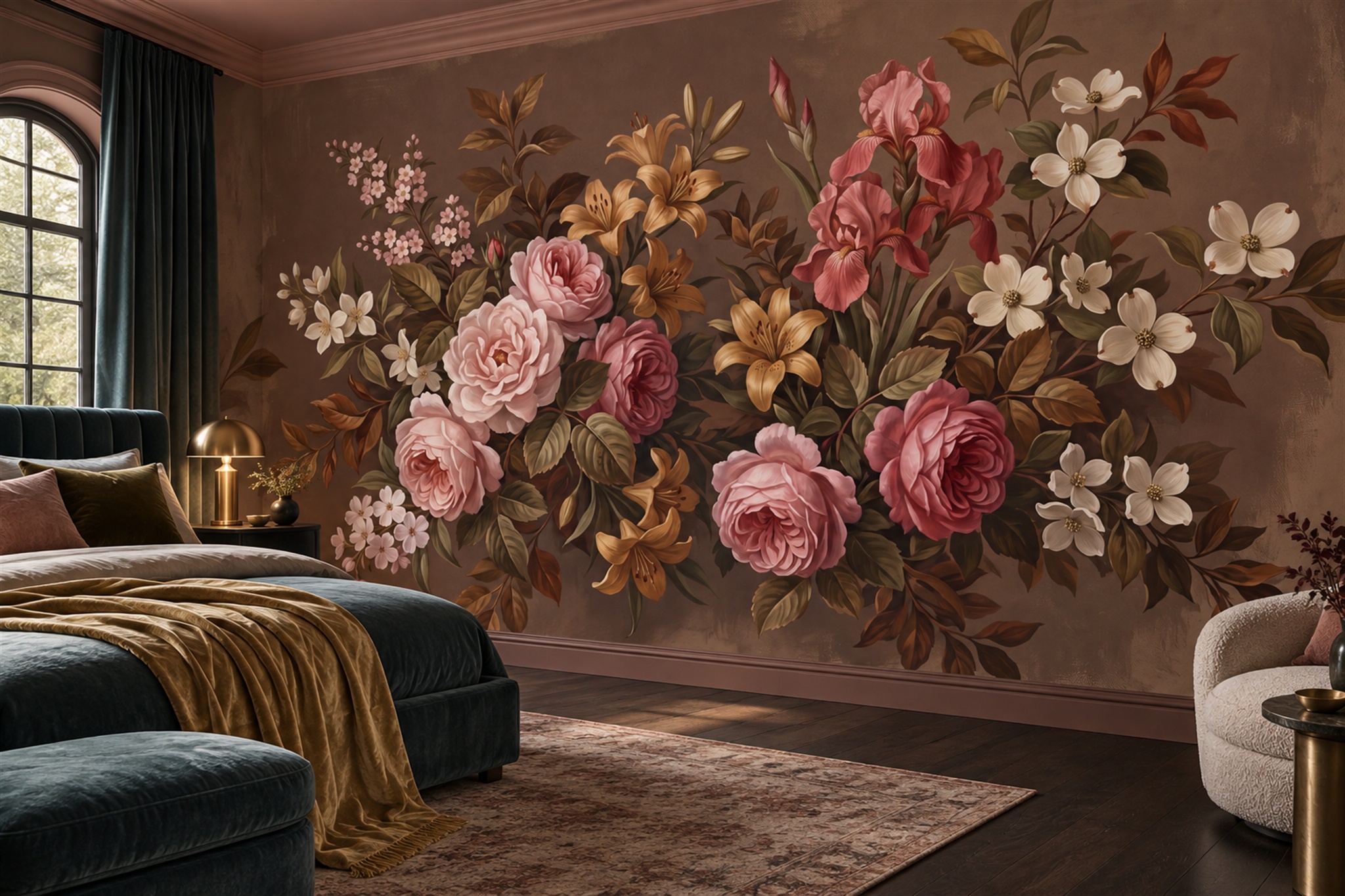 Brown Bouquet Botanical Vintage Wallpaper Mural Feature-wall-wallpaper-murals, Peel-and-stick Finish