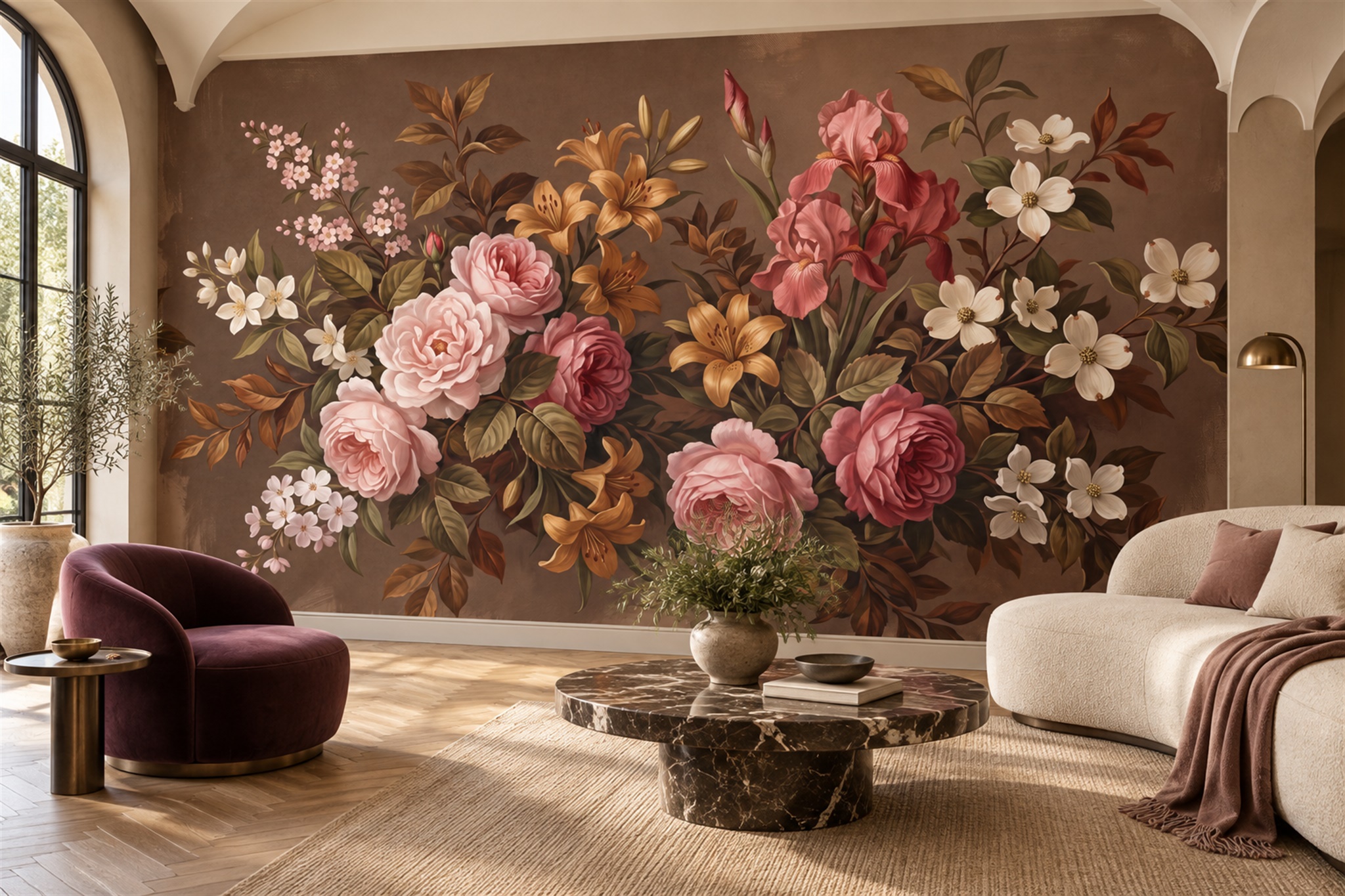 Brown Bouquet Botanical Vintage Wallpaper Mural Feature-wall-wallpaper-murals, Peel-and-stick Finish