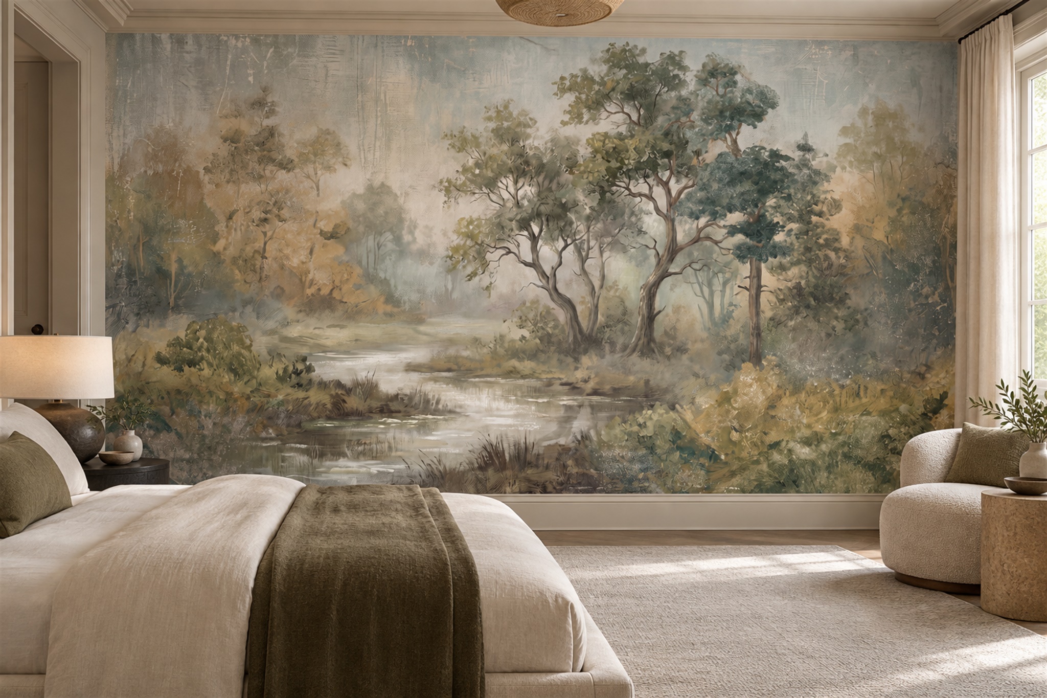 Sage River Scenic Layered Wallpaper Mural Bedroom-wallpaper-murals, Peel-and-stick Finish