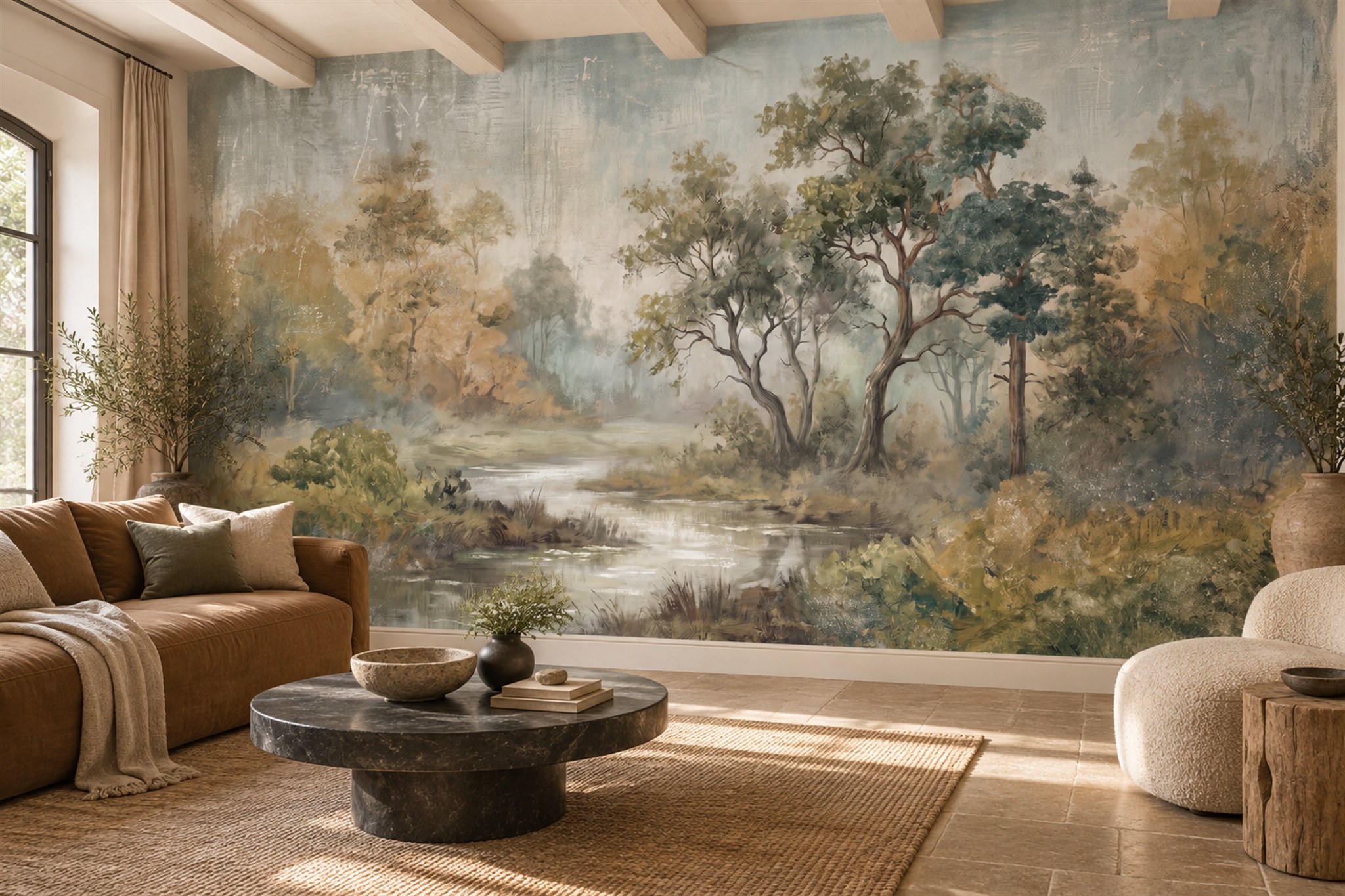 Misty River And Tree Line Scenic Wallpaper Mural — Wallpaper Mural Design, Peel-and-stick Finish