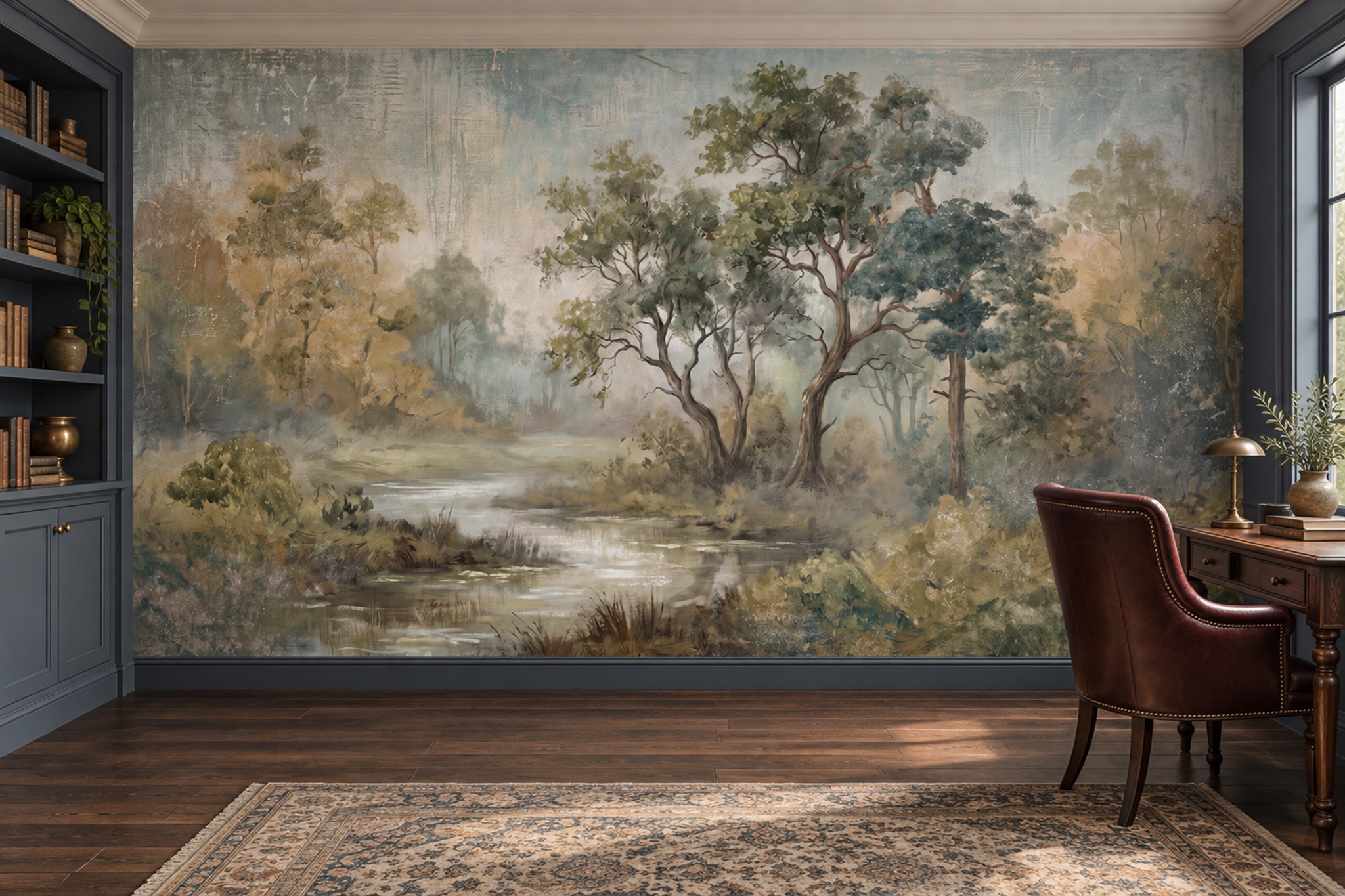 Sage River Scenic Layered Wallpaper Mural Living-room-wallpaper-murals, Peel-and-stick Finish