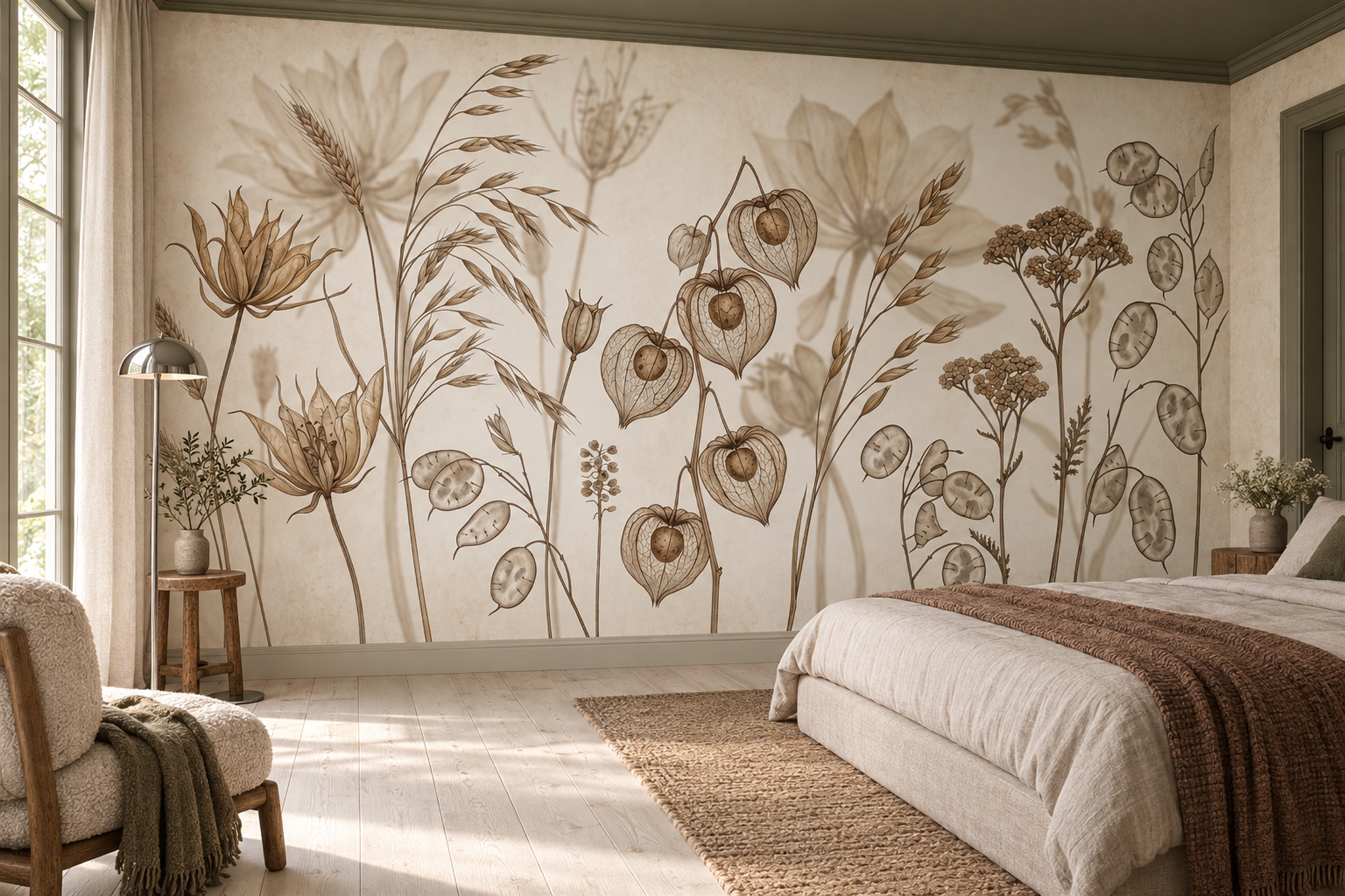 Sepia Seed Heads And Botanical Stems Wallpaper Mural — Installed Wallpaper Mural In A Bedroom, Peel-and-stick Finish