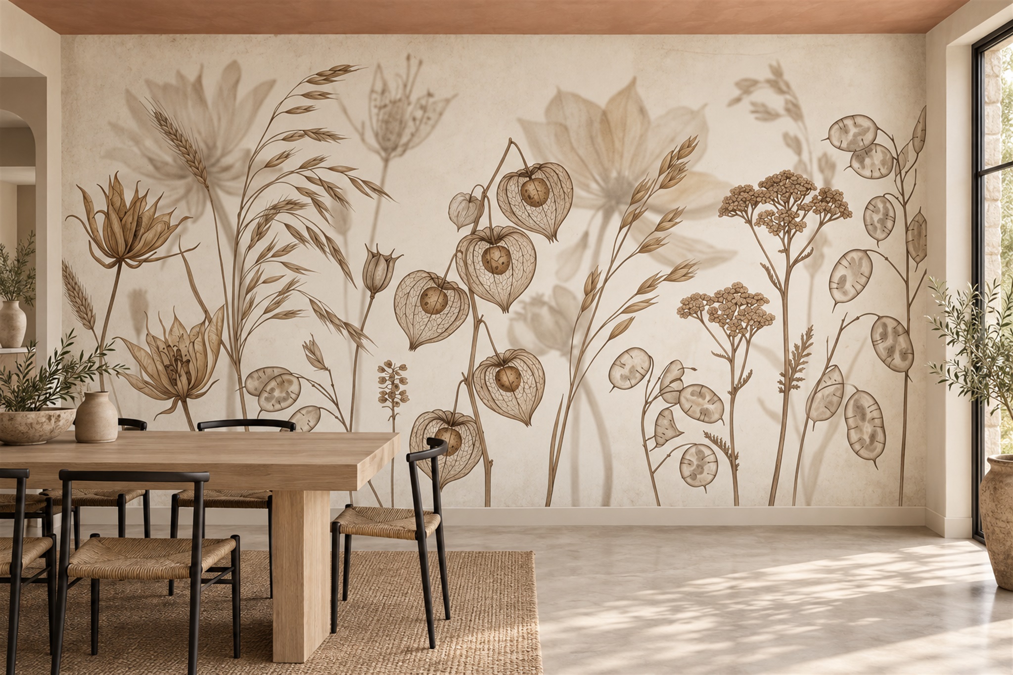 Beige Botanical Botanical Wallpaper Mural Dining-room-wallpaper-murals, Shown In A Dining Room, Peel-and-stick Finish