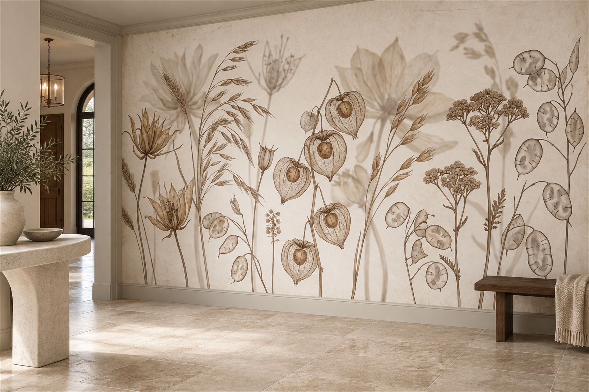 Beige Botanical Botanical Wallpaper Mural Accent-wall-wallpaper-murals, Peel-and-stick Finish