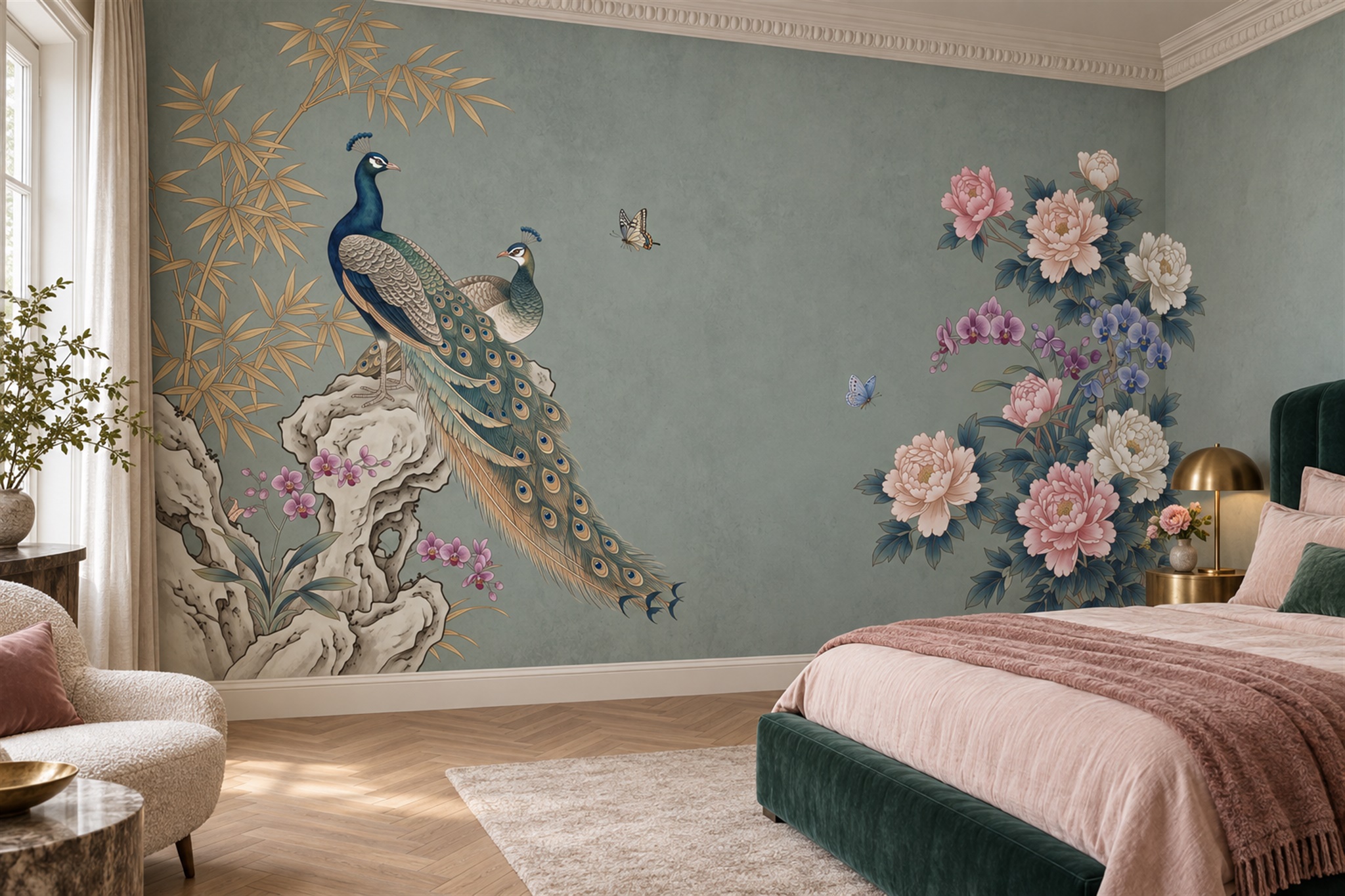 Sage Peacock Illustrated Wallpaper Mural Bedroom-wallpaper-murals, Peel-and-stick Finish