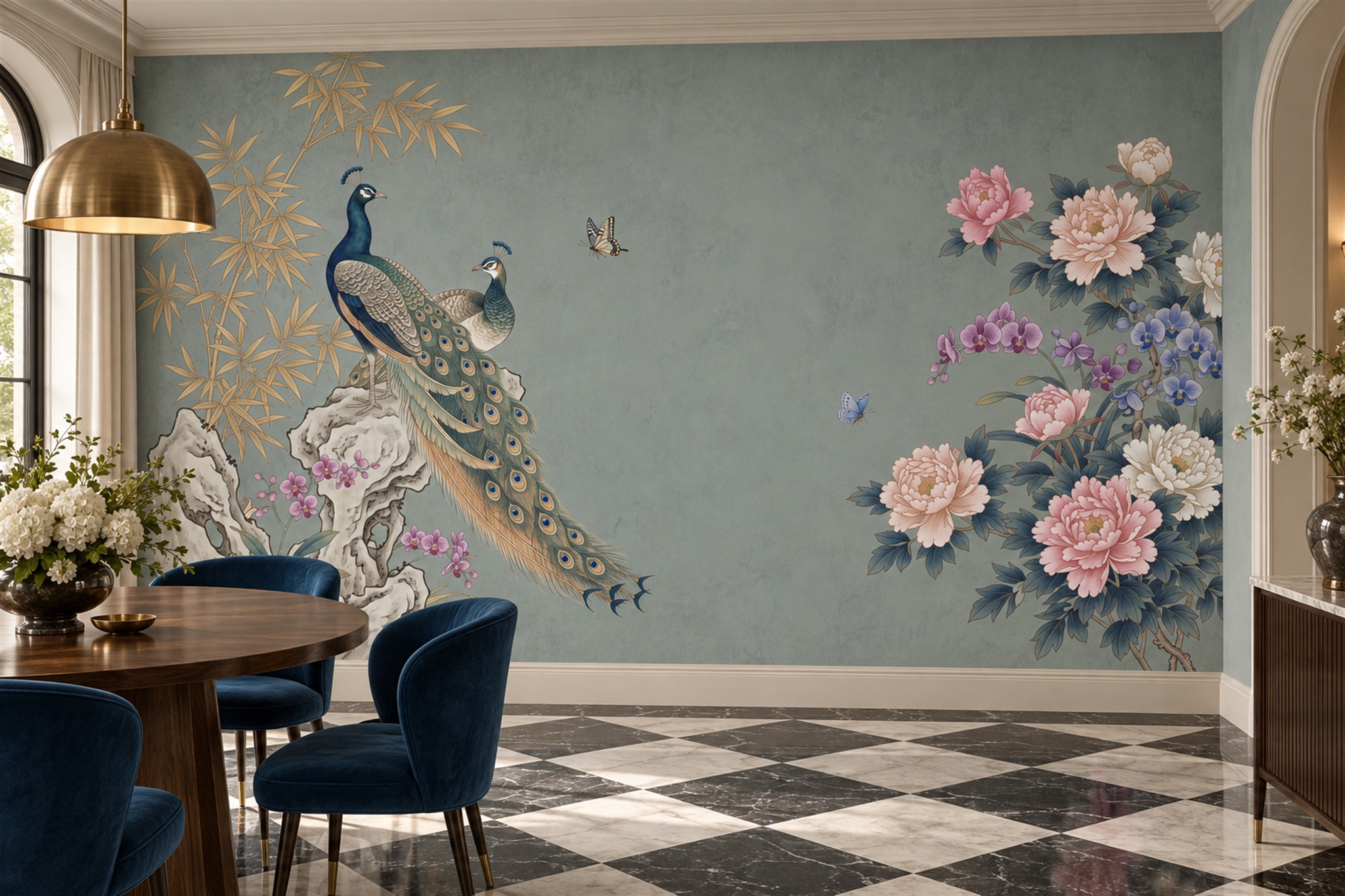 Sage Peacock Illustrated Wallpaper Mural Dining-room-wallpaper-murals, Shown In A Dining Room, Peel-and-stick Finish
