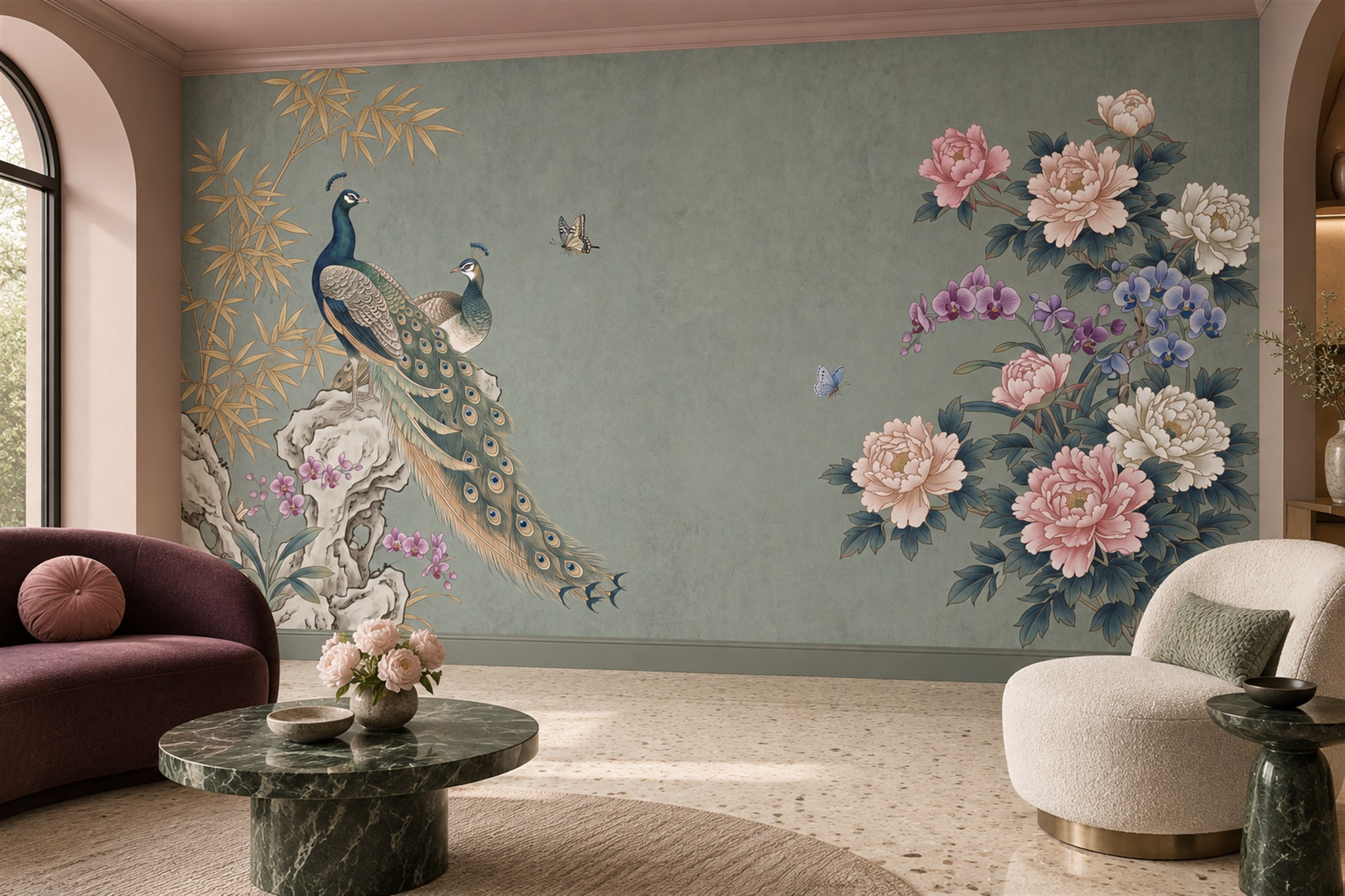 Peacocks, Bamboo And Garden Flowers Wallpaper Mural — Wallpaper Mural Design, Peel-and-stick Finish