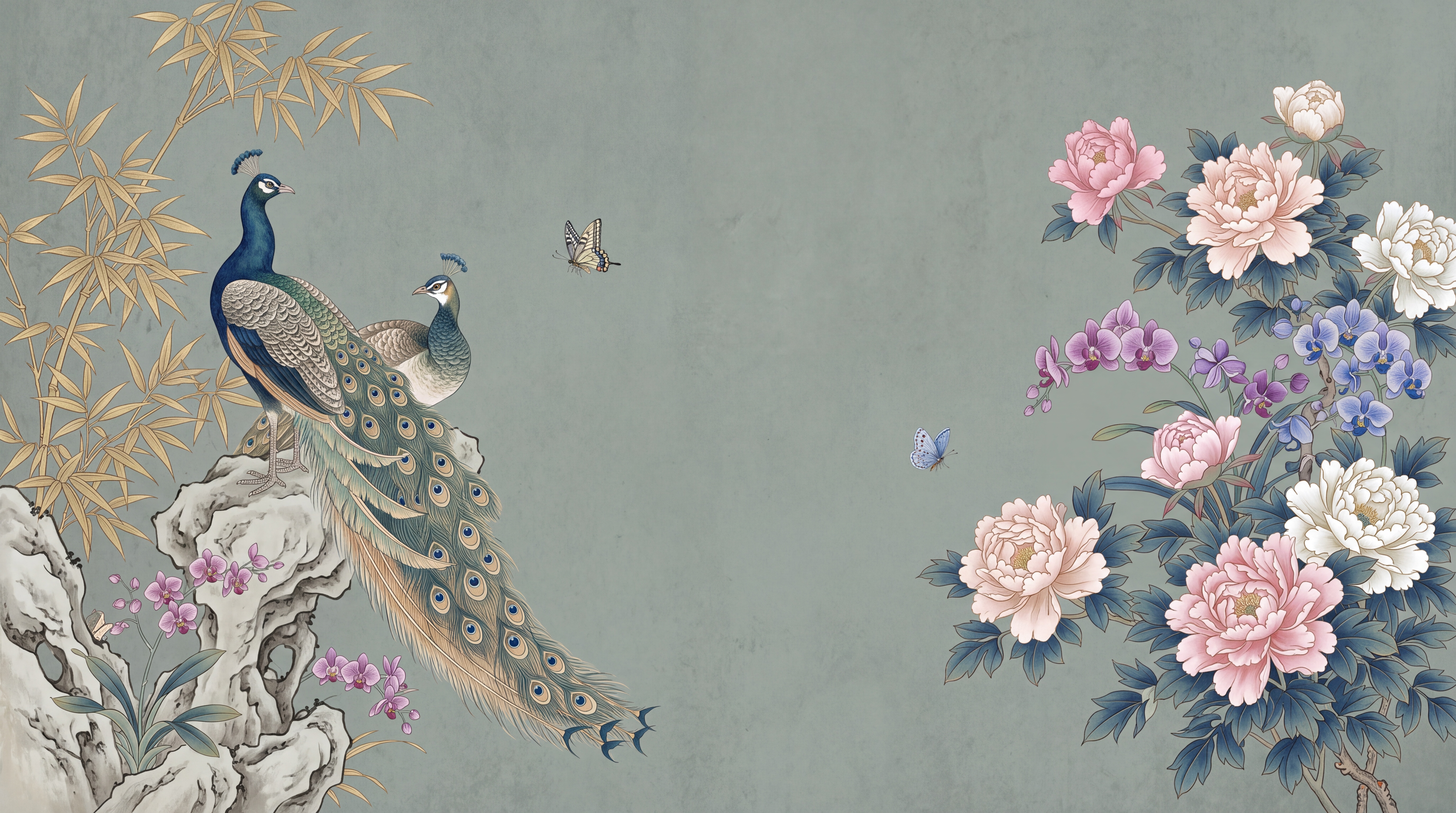 Sage Peacock Illustrated Wallpaper Mural Accent-wall-wallpaper-murals, Peel-and-stick Finish