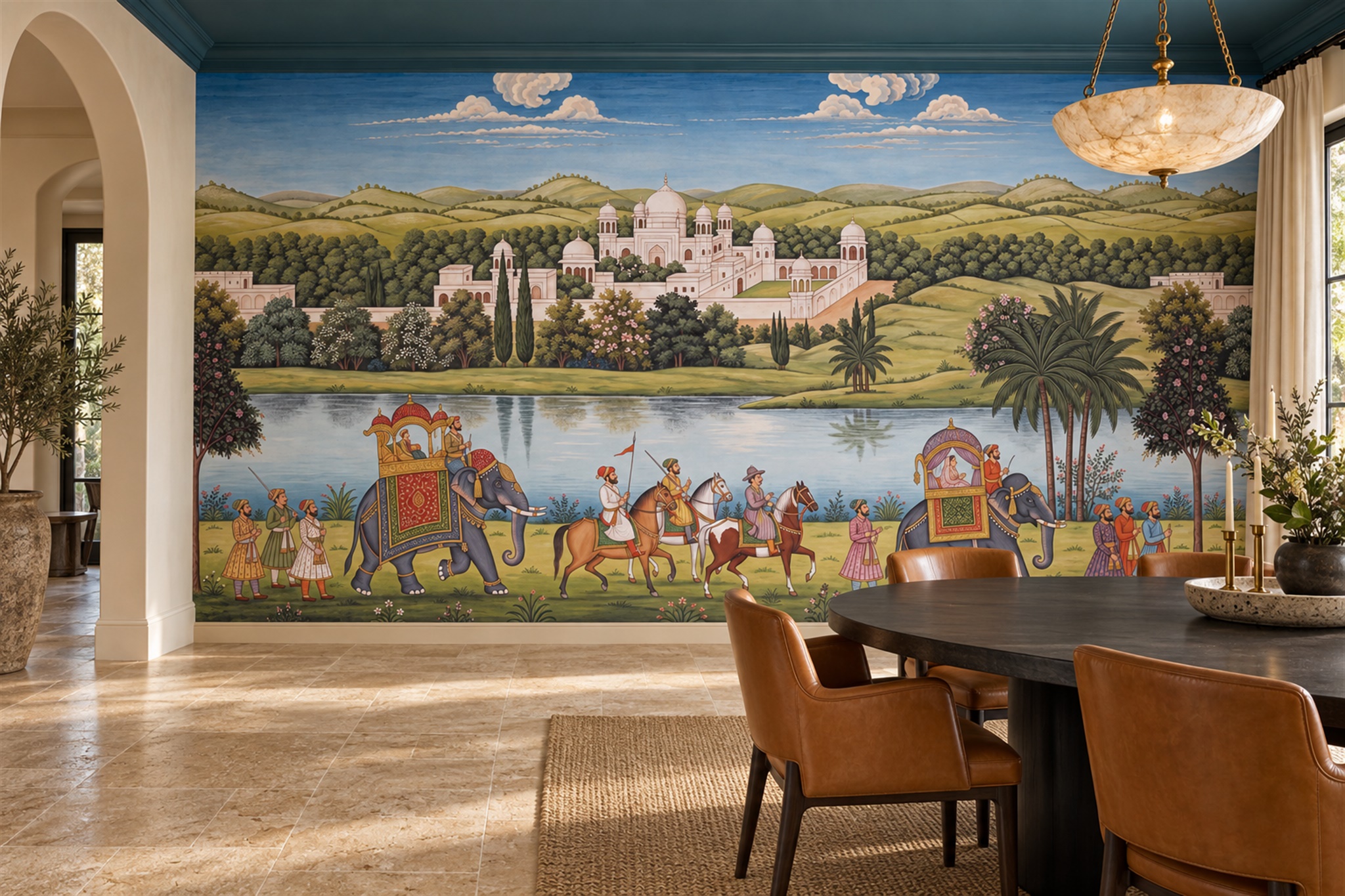 Olive Palace Scenic Wallpaper Mural Dining-room-wallpaper-murals, Shown In A Dining Room, Peel-and-stick Finish