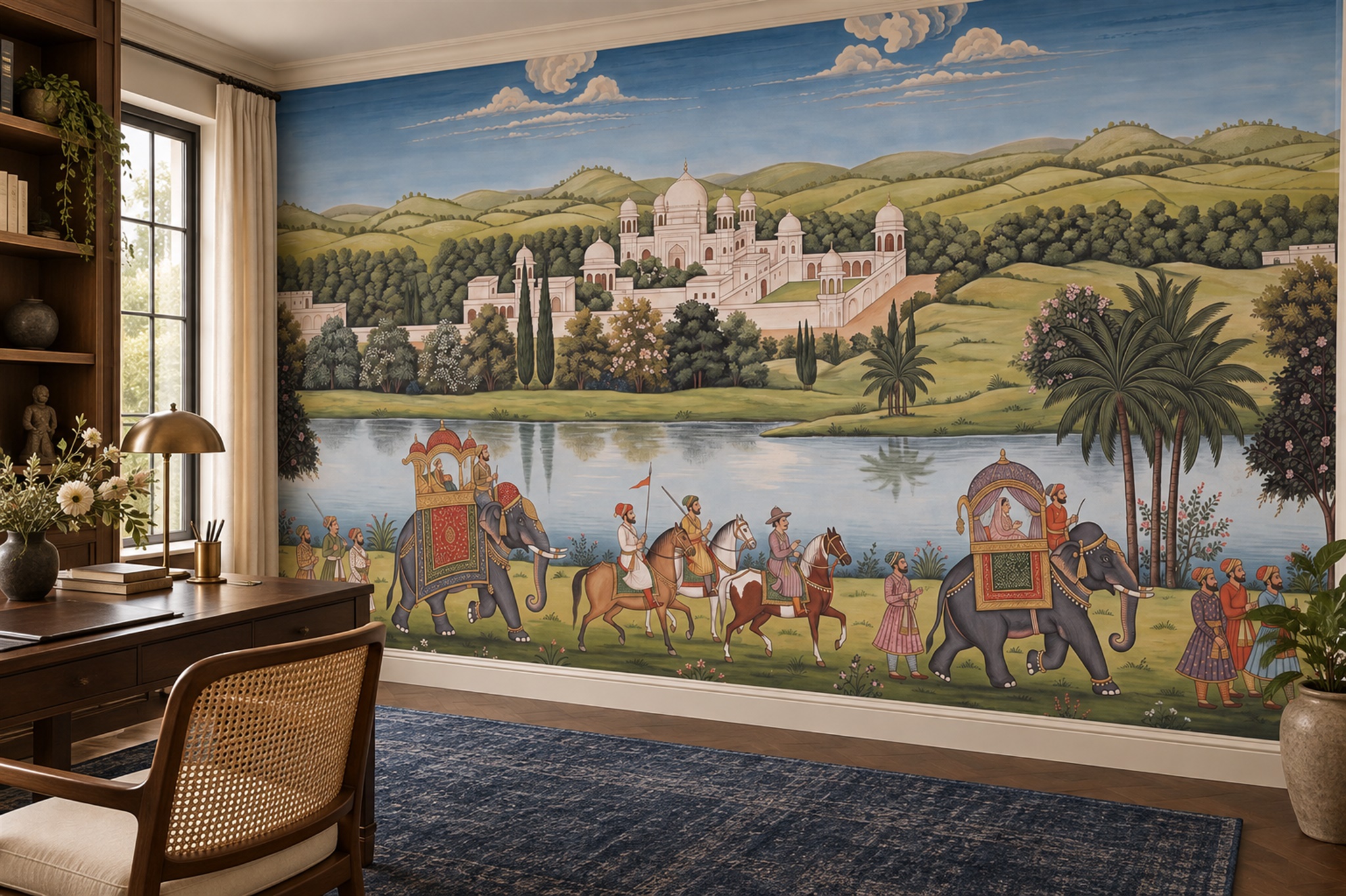 Royal Elephant Procession By A Palace Lake Wallpaper Mural — Wallpaper Mural Design, Peel-and-stick Finish