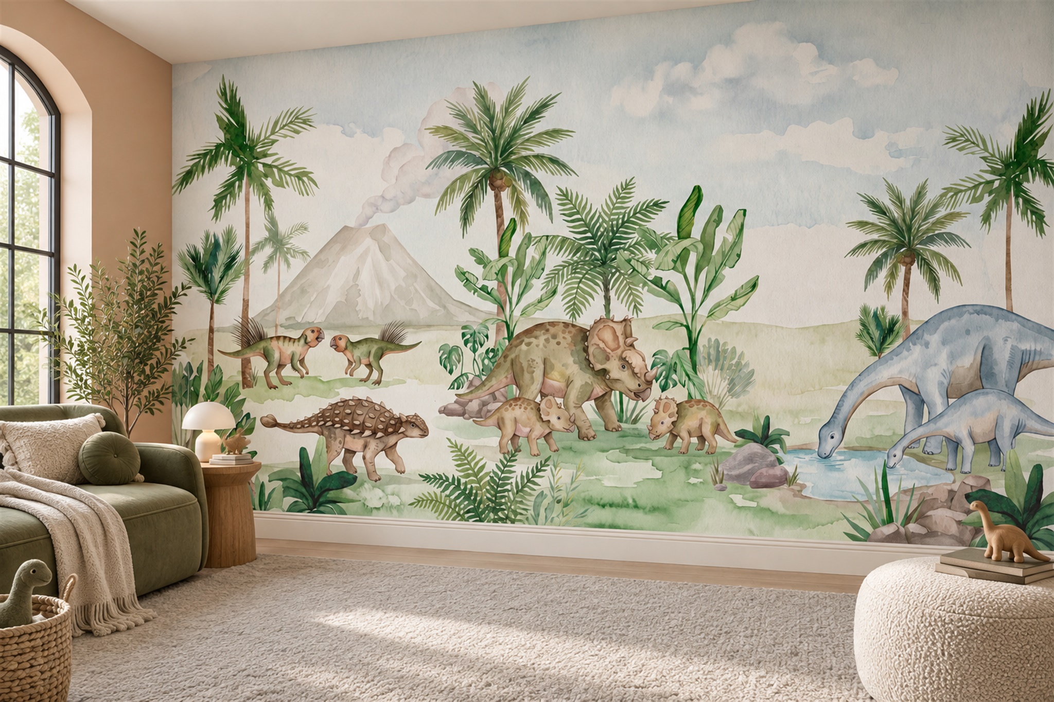 Watercolour Dinosaurs In A Tropical Landscape Wallpaper Mural — Wallpaper Mural Design, Peel-and-stick Finish