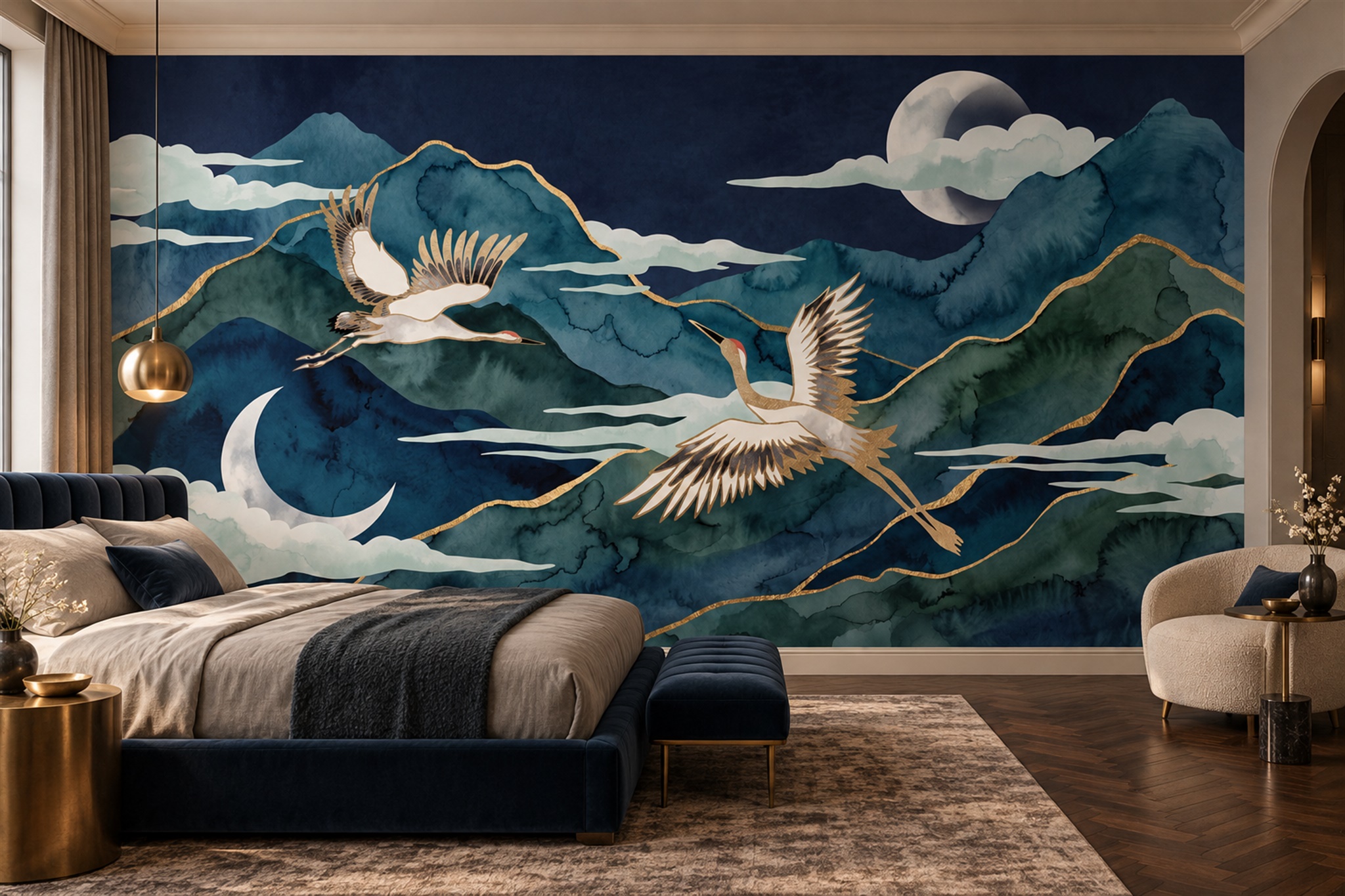 Navy Crane Illustrated Wallpaper Mural Bedroom-wallpaper-murals, Peel-and-stick Finish