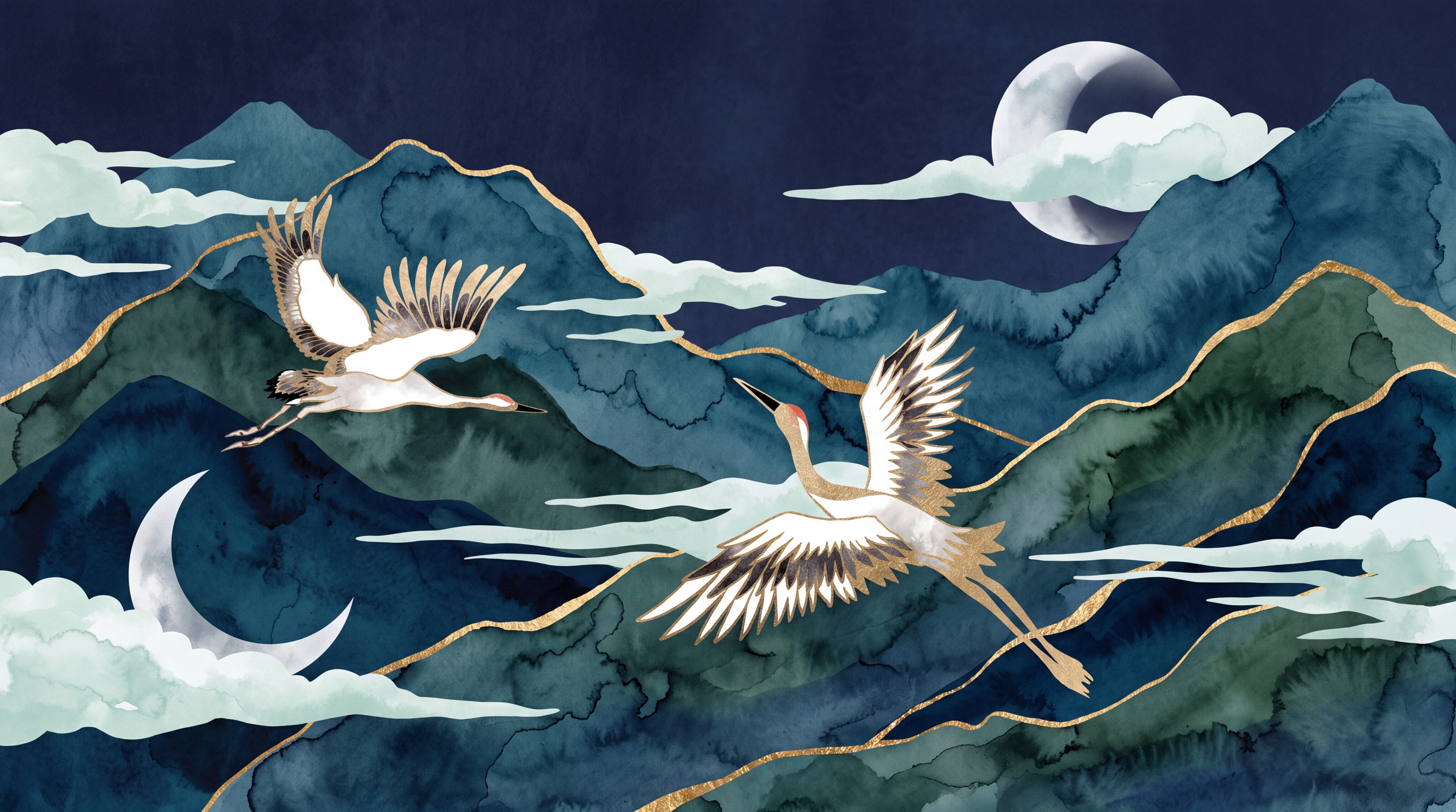 Navy Crane Illustrated Wallpaper Mural, Peel-and-stick Finish