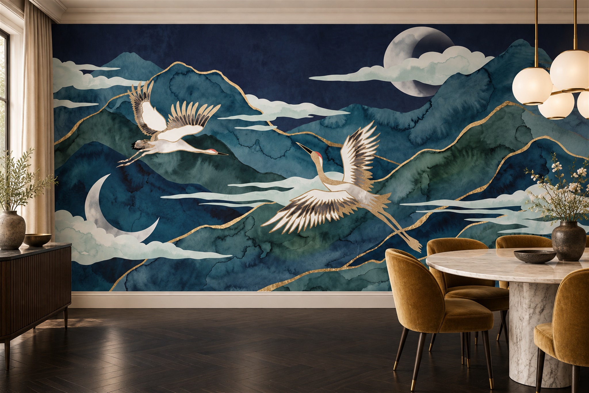 Navy Crane Illustrated Wallpaper Mural Entryway-wallpaper-murals, Peel-and-stick Finish