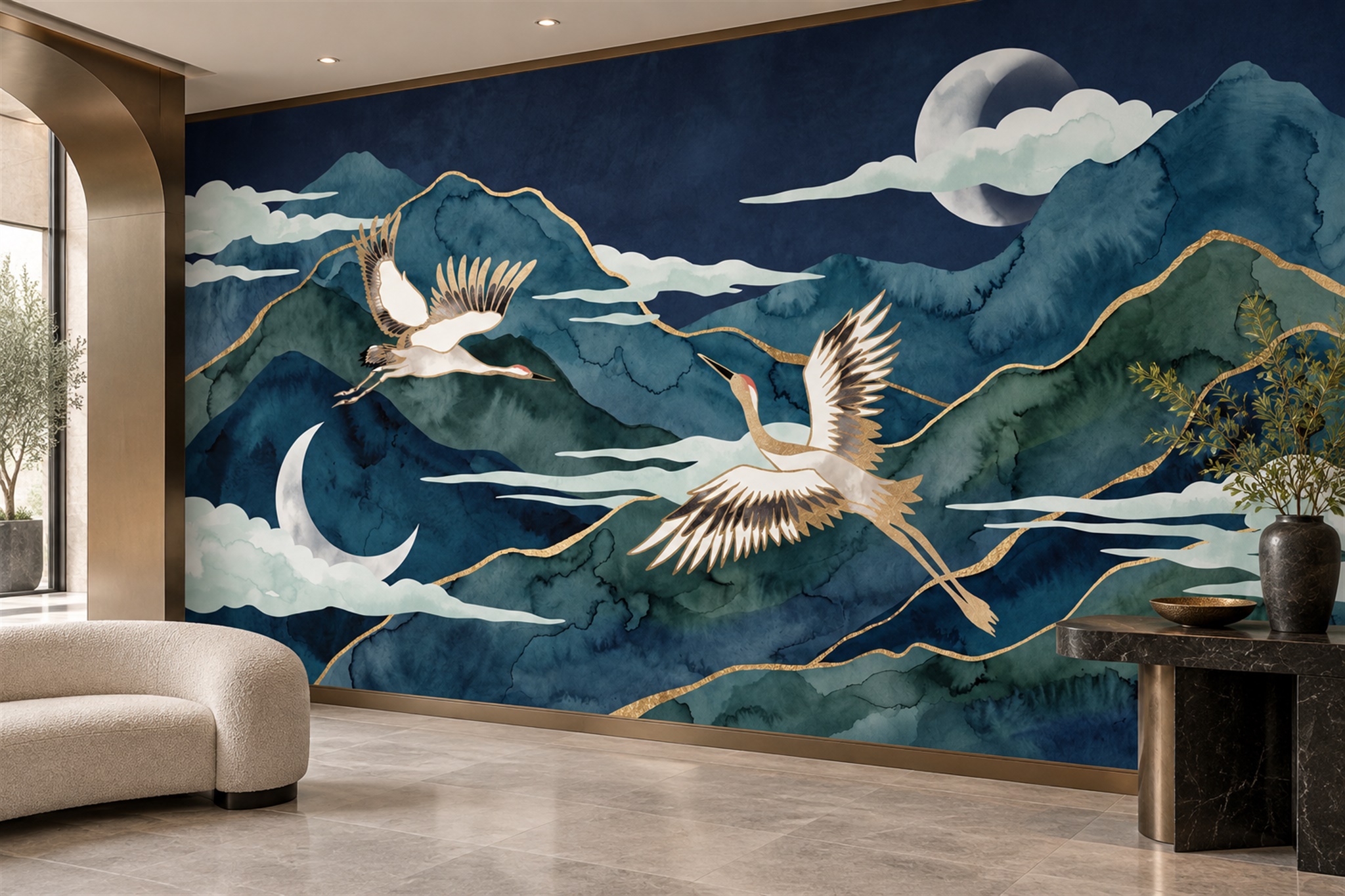 Navy Crane Illustrated Wallpaper Mural Entryway-wallpaper-murals, Peel-and-stick Finish