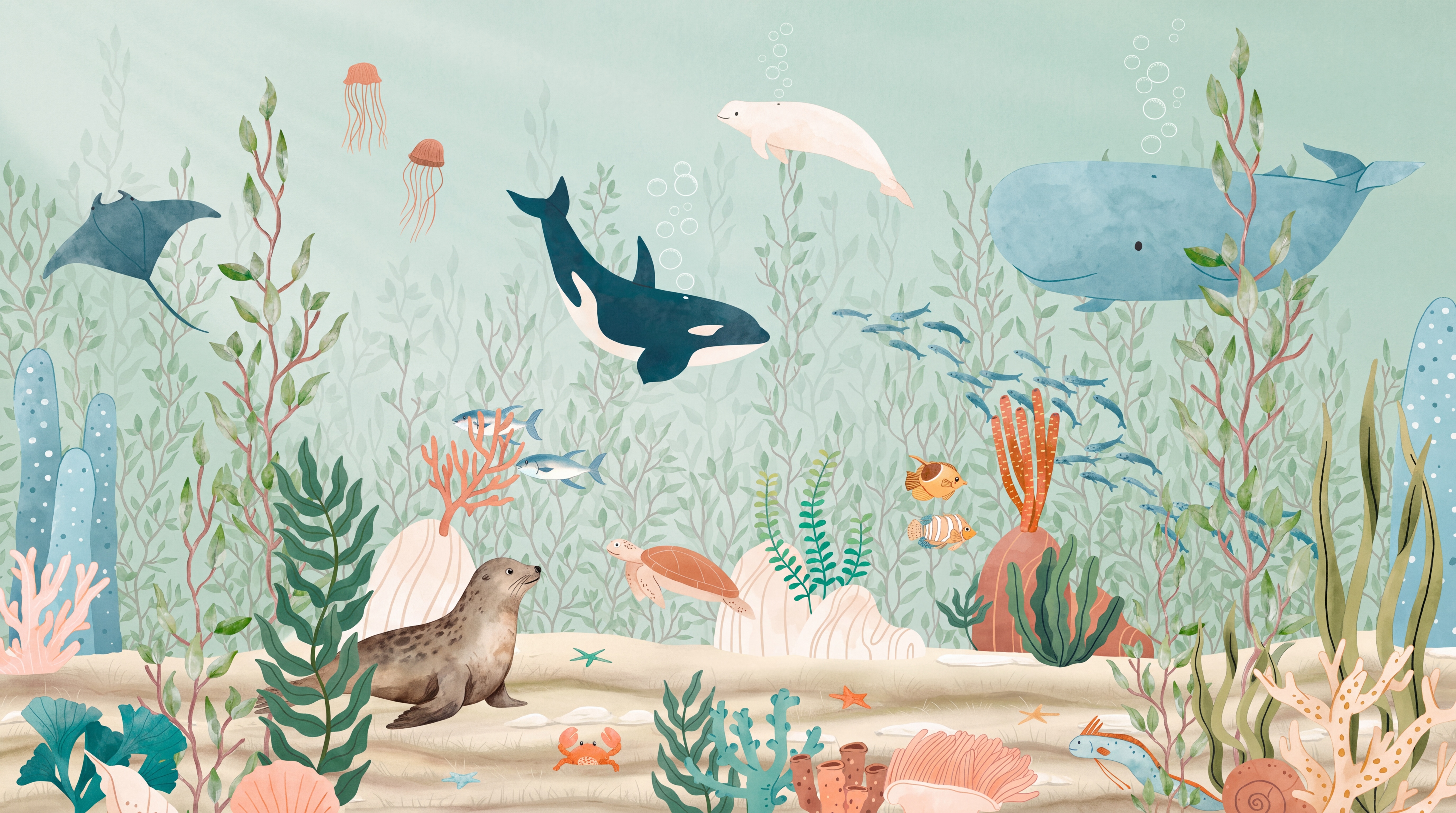 Mint Ocean Scenic Wallpaper Mural, Peel-and-stick Finish