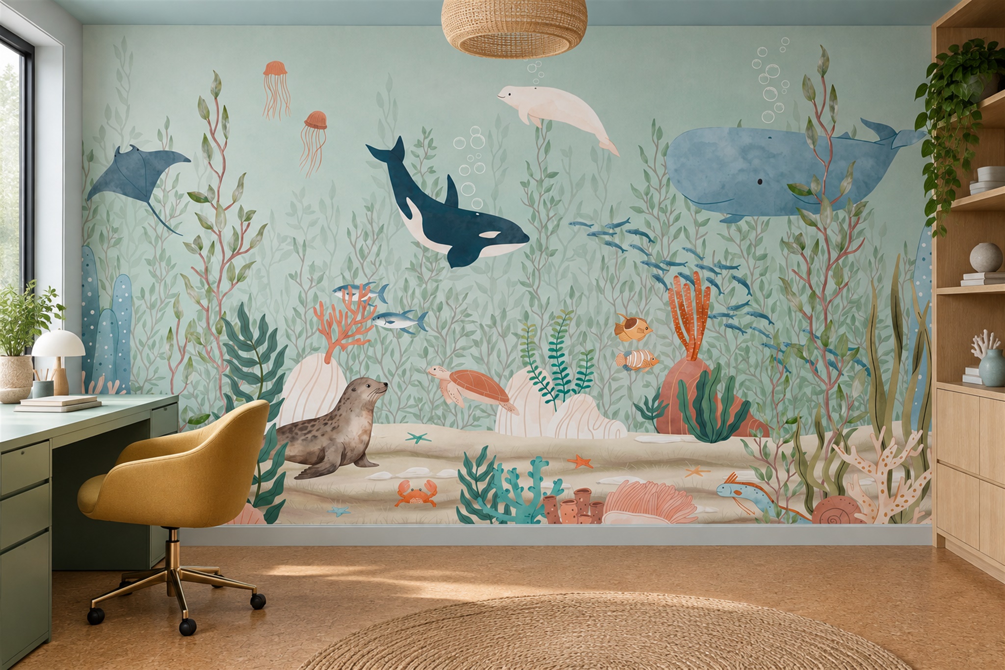 Mint Ocean Scenic Wallpaper Mural Home-office-wallpaper-murals, Shown In A Home Office, Peel-and-stick Finish
