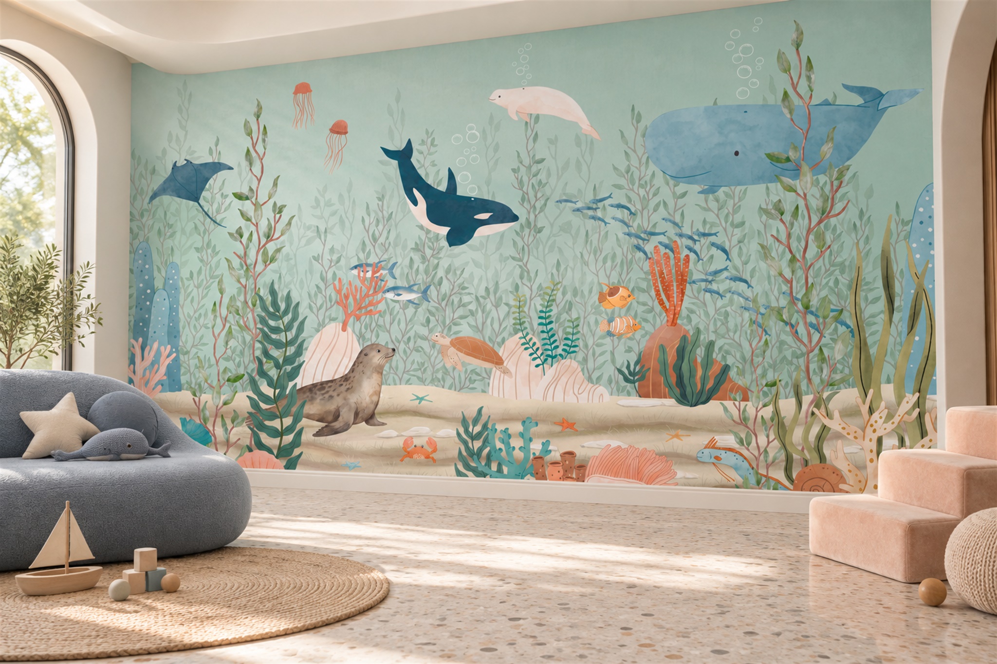 Mint Ocean Scenic Wallpaper Mural Accent-wall-wallpaper-murals, Peel-and-stick Finish