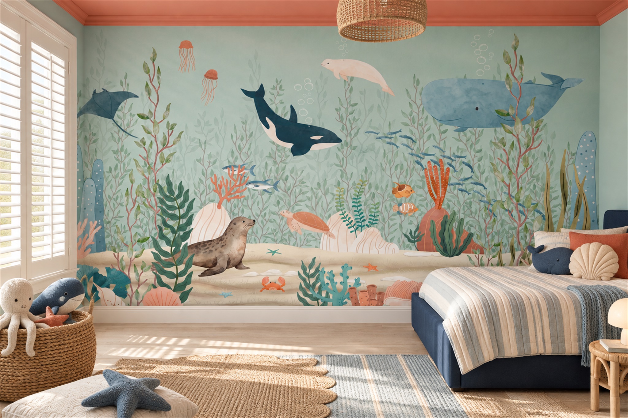 Whales And Marine Life Underwater Wallpaper Mural — Wallpaper Mural Design, Peel-and-stick Finish