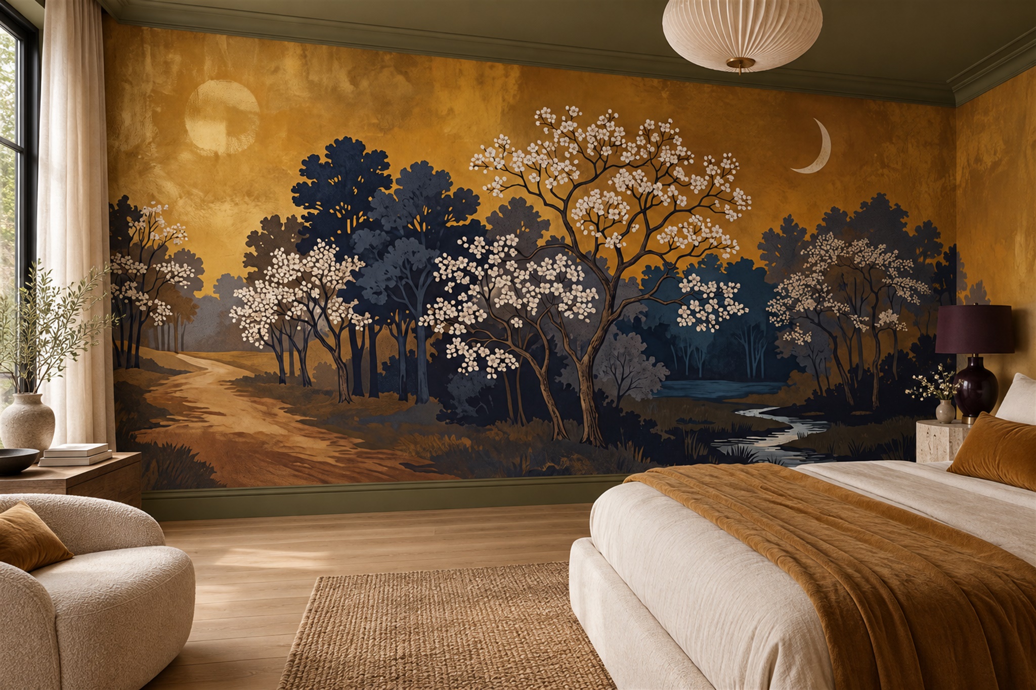 Golden Moonlit Blossom Forest And River Wallpaper Mural — Installed Wallpaper Mural In A Bedroom, Peel-and-stick Finish