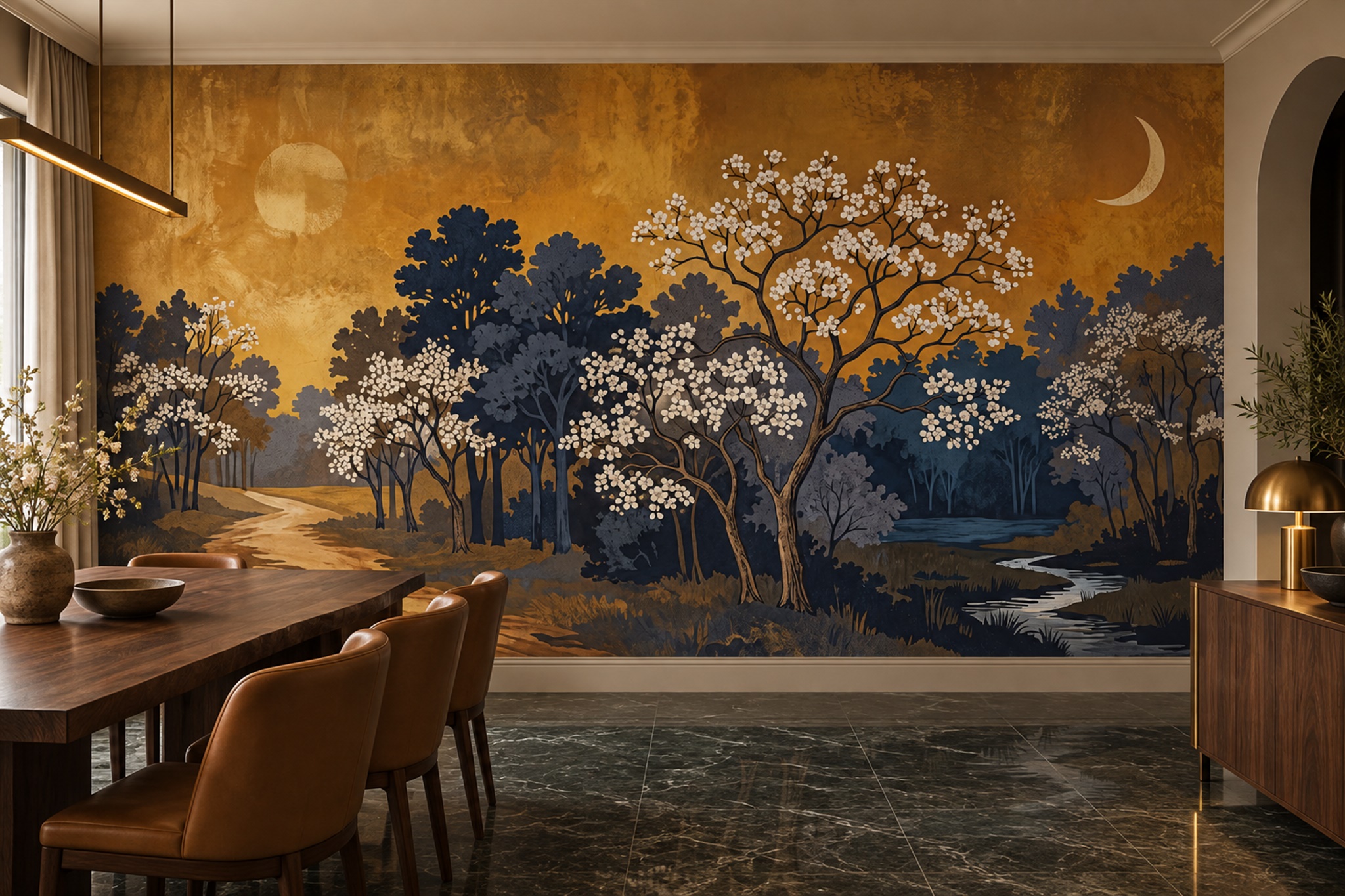Gold Scenic Scenic Decorative Wallpaper Mural Dining-room-wallpaper-murals, Shown In A Dining Room, Peel-and-stick Finish