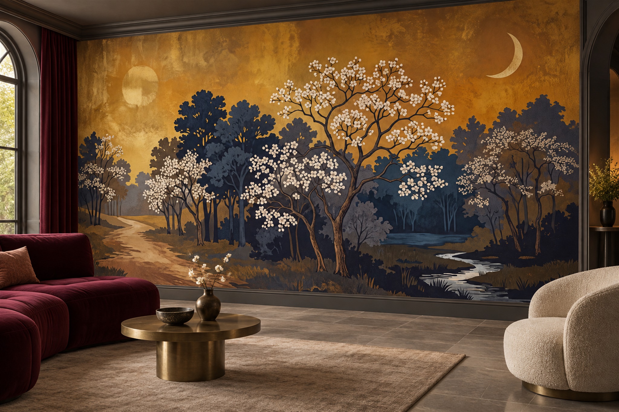 Gold Scenic Scenic Decorative Wallpaper Mural Living-room-wallpaper-murals, Shown In A Living Room, Peel-and-stick Finish