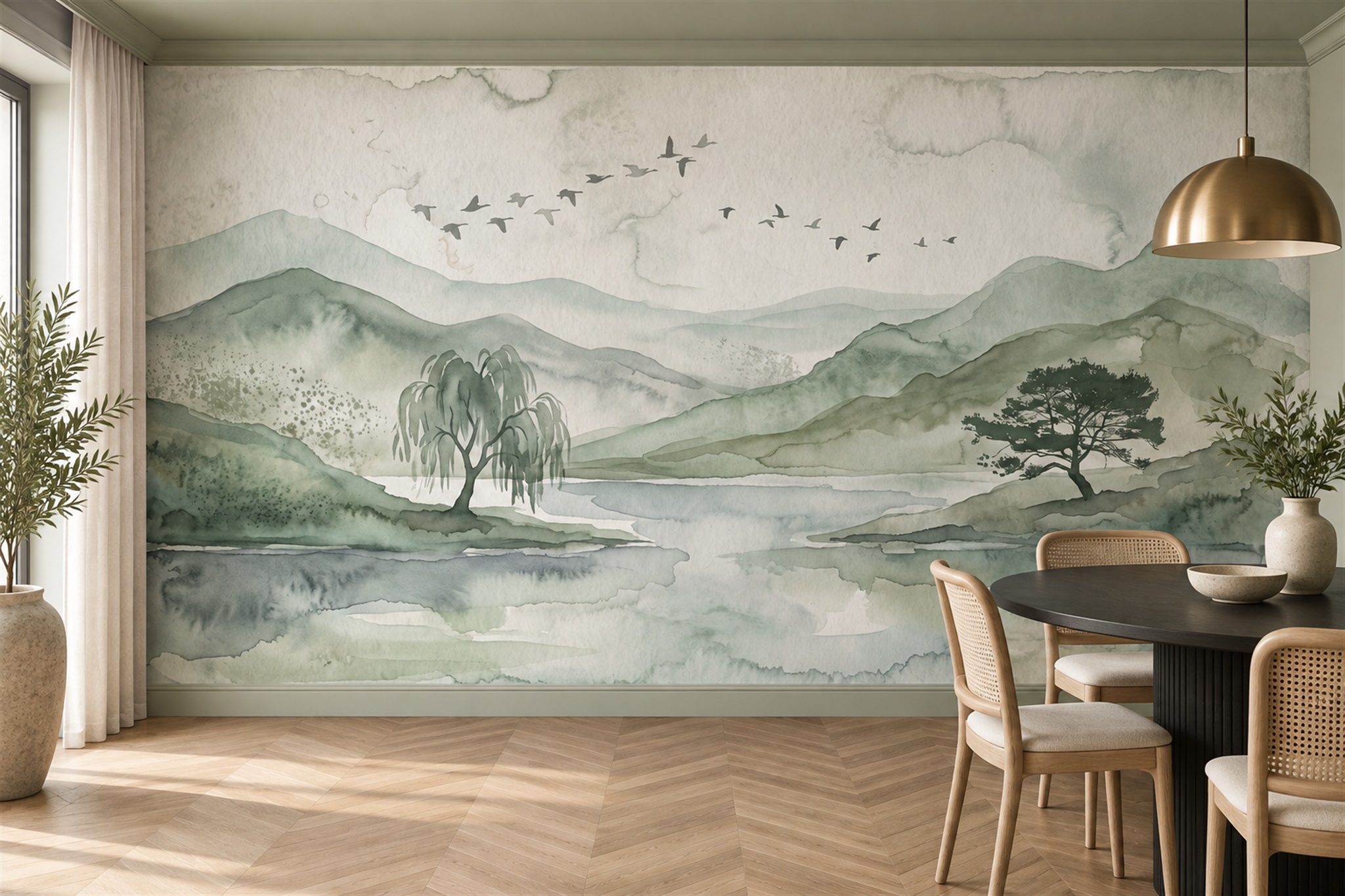 Sage Mountain Scenic Wallpaper Mural Dining-room-wallpaper-murals, Shown In A Dining Room, Peel-and-stick Finish