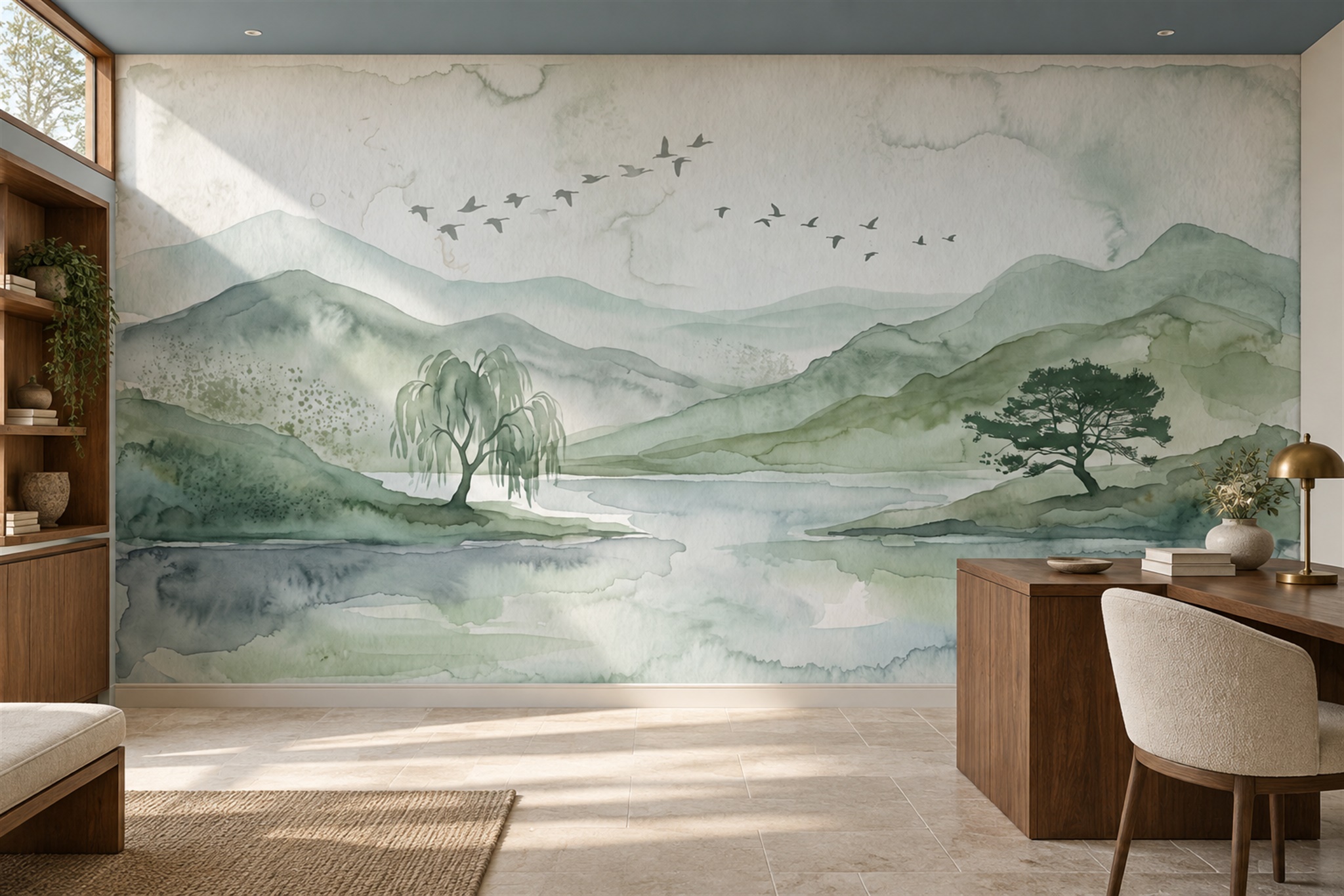 Sage Mountain Scenic Wallpaper Mural Home-office-wallpaper-murals, Shown In A Home Office, Peel-and-stick Finish