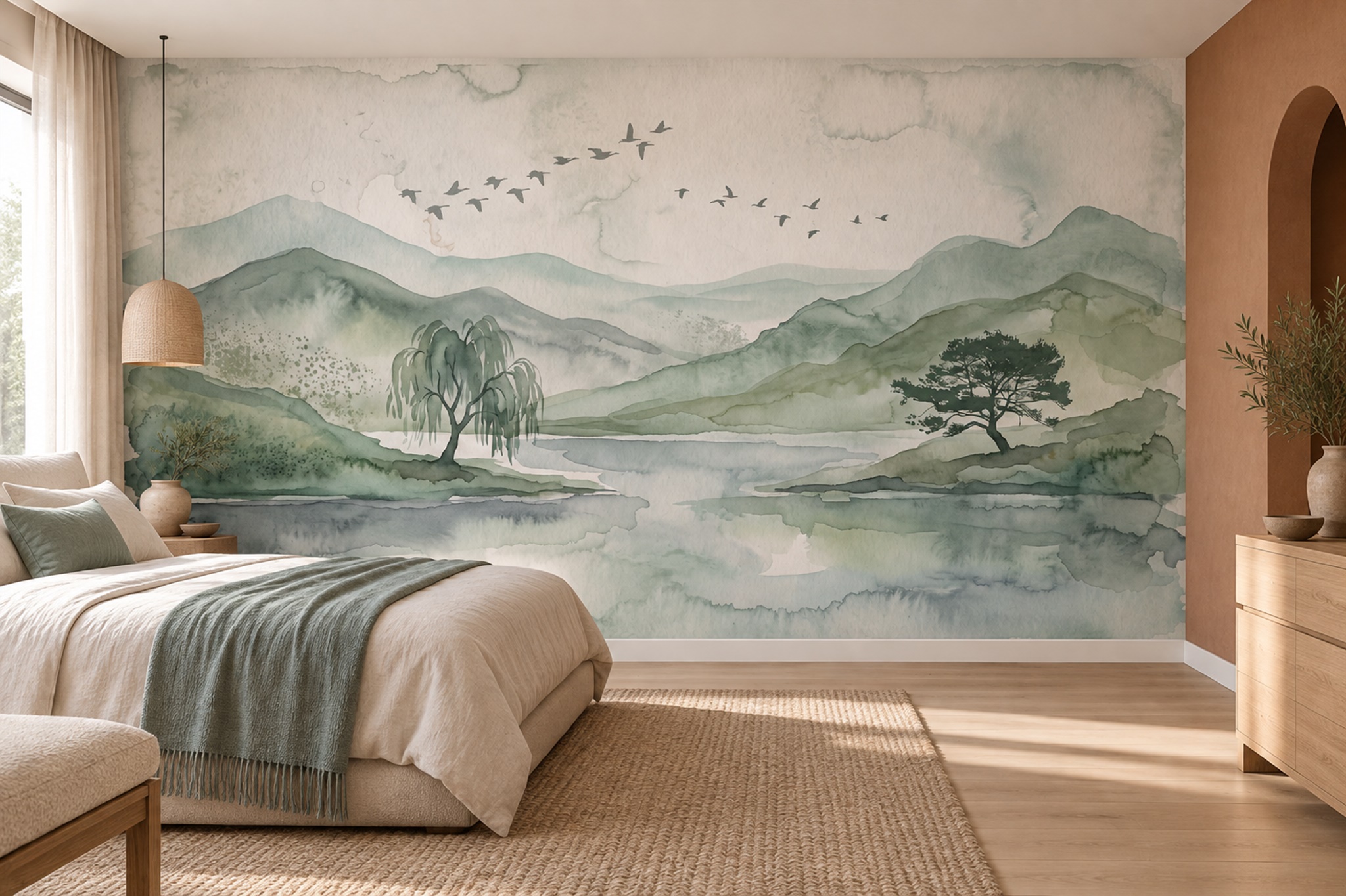 Sage Mountain Lake With Birds Wallpaper Mural — Installed Wallpaper Mural In A Bedroom, Peel-and-stick Finish