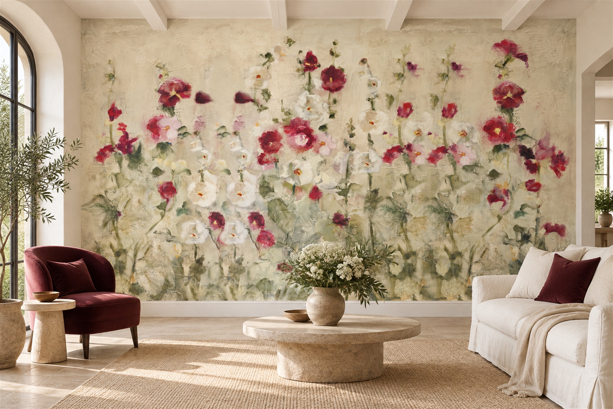 Pink And White Garden Flowers Wallpaper Mural — Wallpaper Mural Design, Peel-and-stick Finish