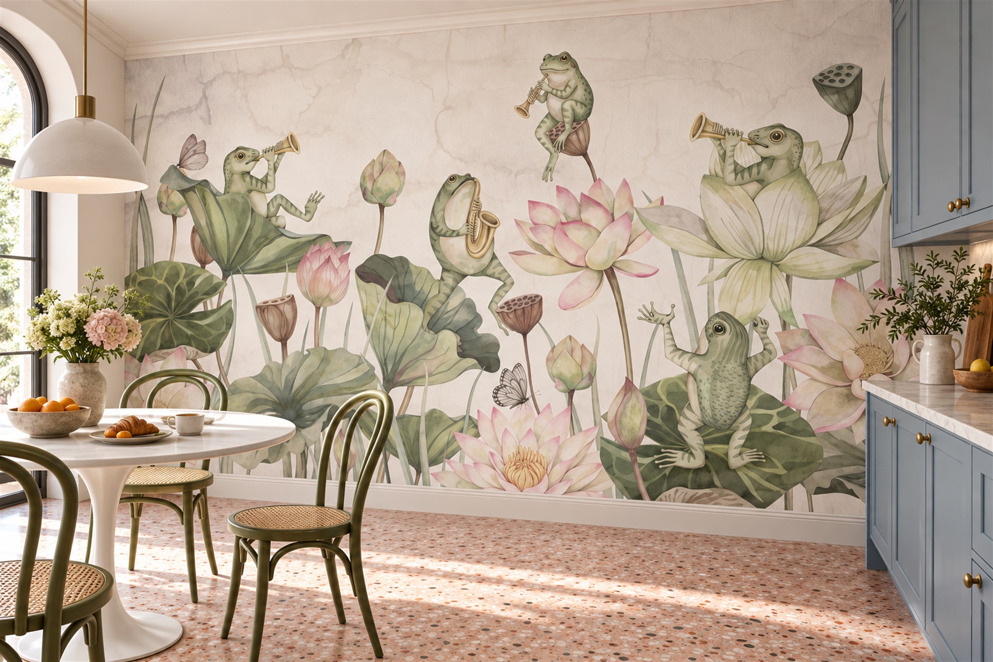 Musical Frogs Among Pink Lotus Flowers Wallpaper Mural — Wallpaper Mural Design, Peel-and-stick Finish