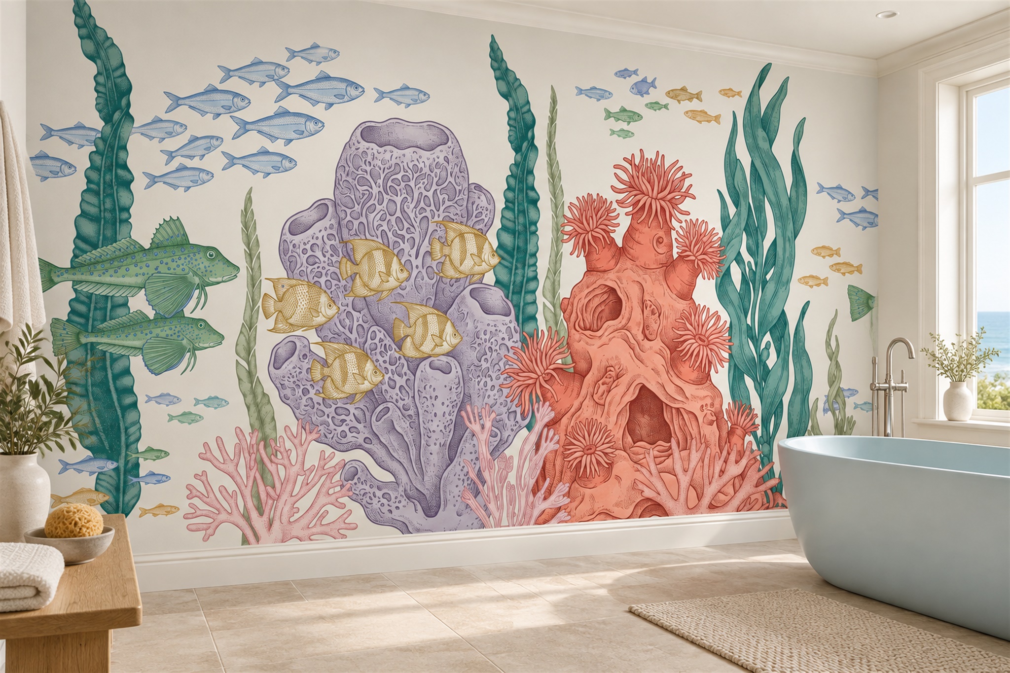 Coral Ocean Scenic Wallpaper Mural Bathroom-wallpaper-murals, Peel-and-stick Finish