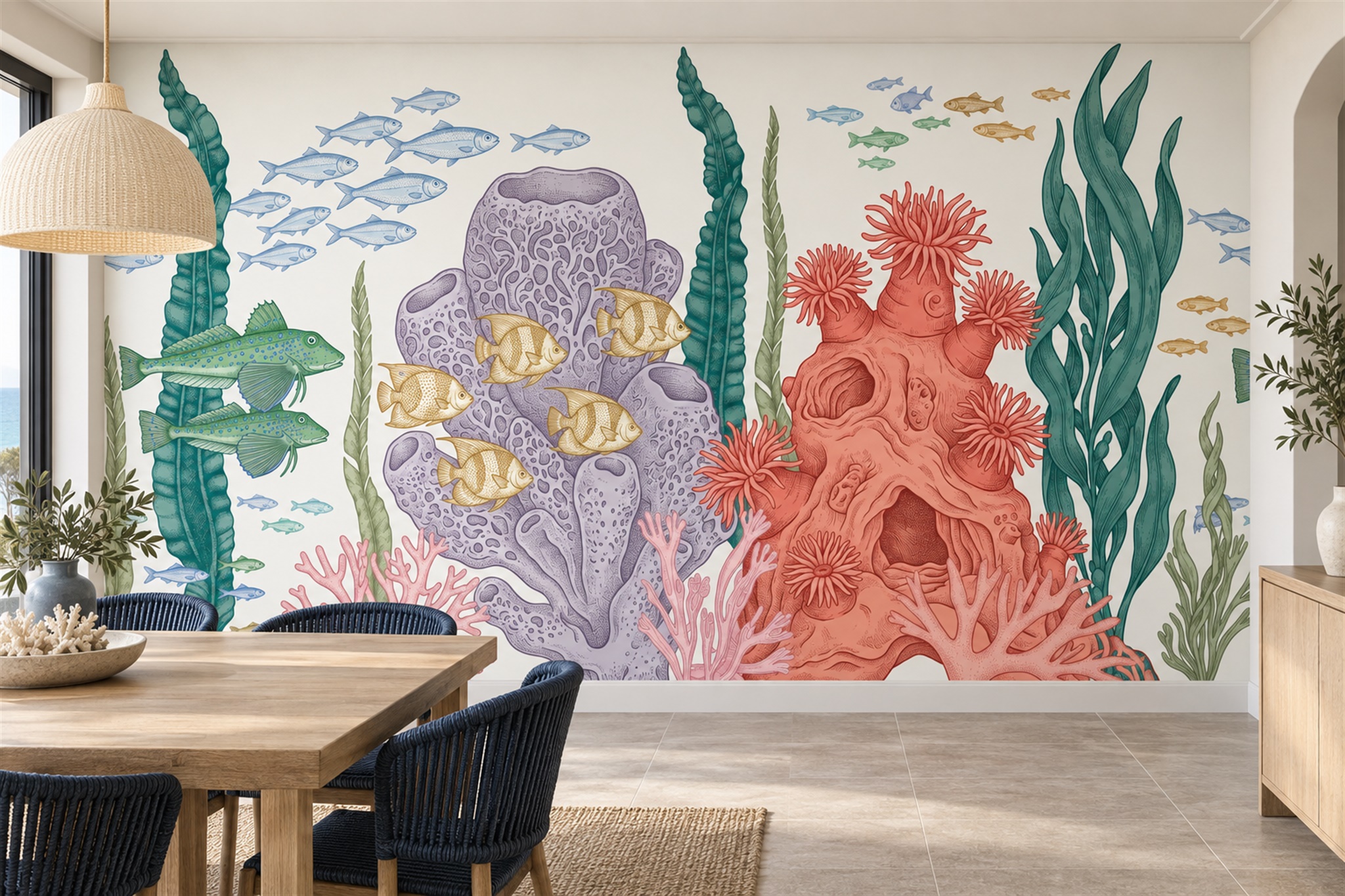 Coral Ocean Scenic Wallpaper Mural Living-room-wallpaper-murals, Peel-and-stick Finish