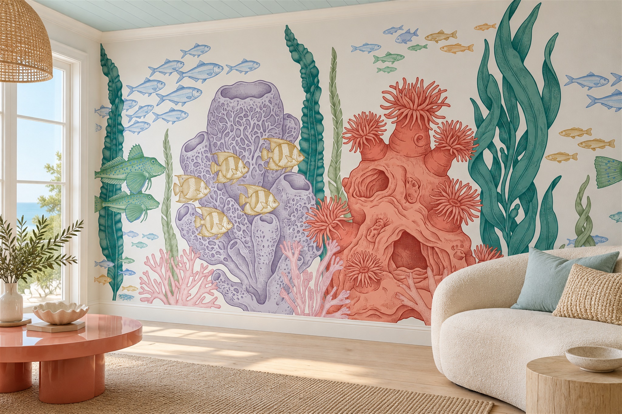 Coral Ocean Scenic Wallpaper Mural Living-room-wallpaper-murals, Peel-and-stick Finish