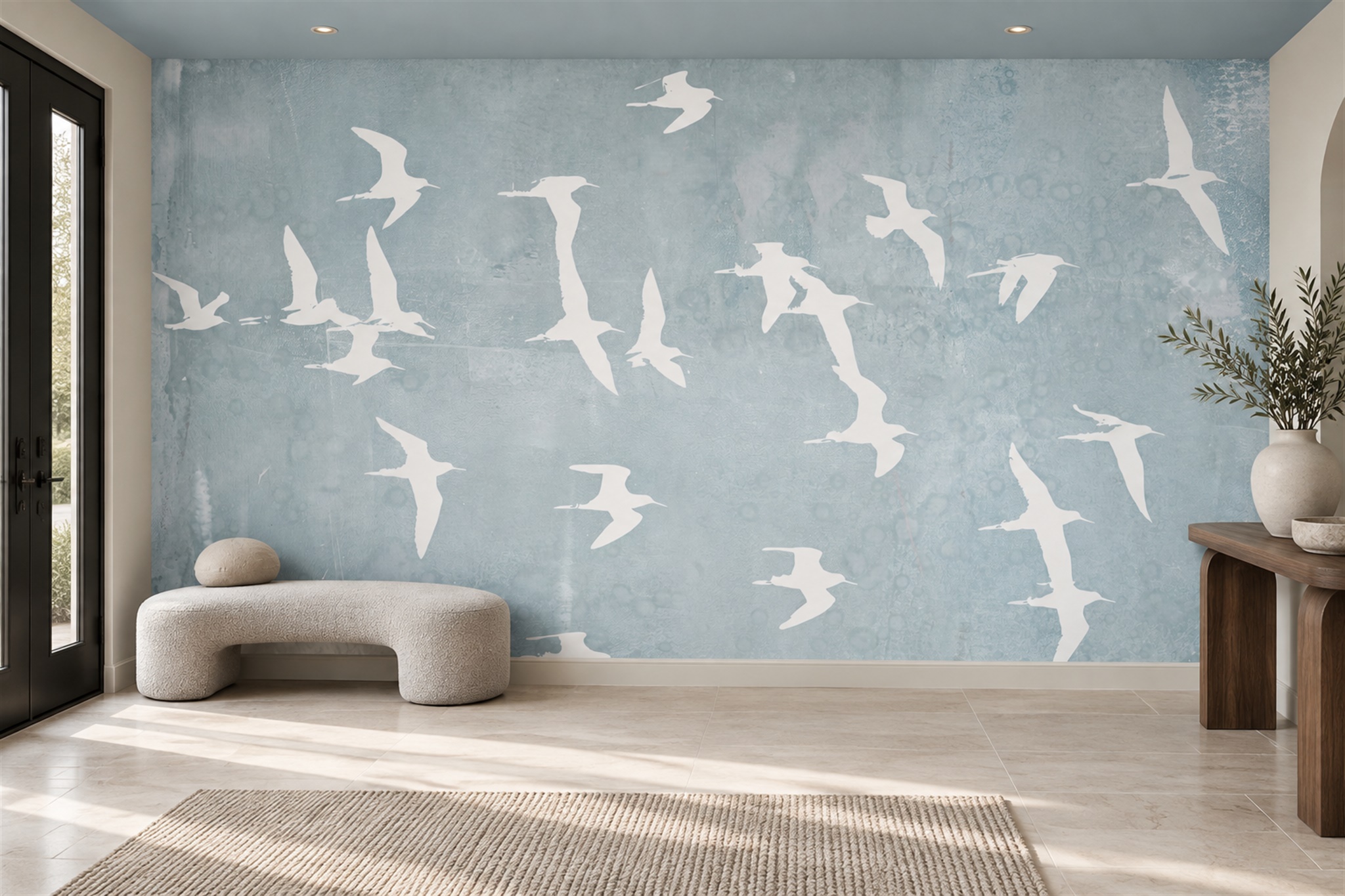 Blue Bird Illustrated Layered Wallpaper Mural Entryway-wallpaper-murals, Peel-and-stick Finish