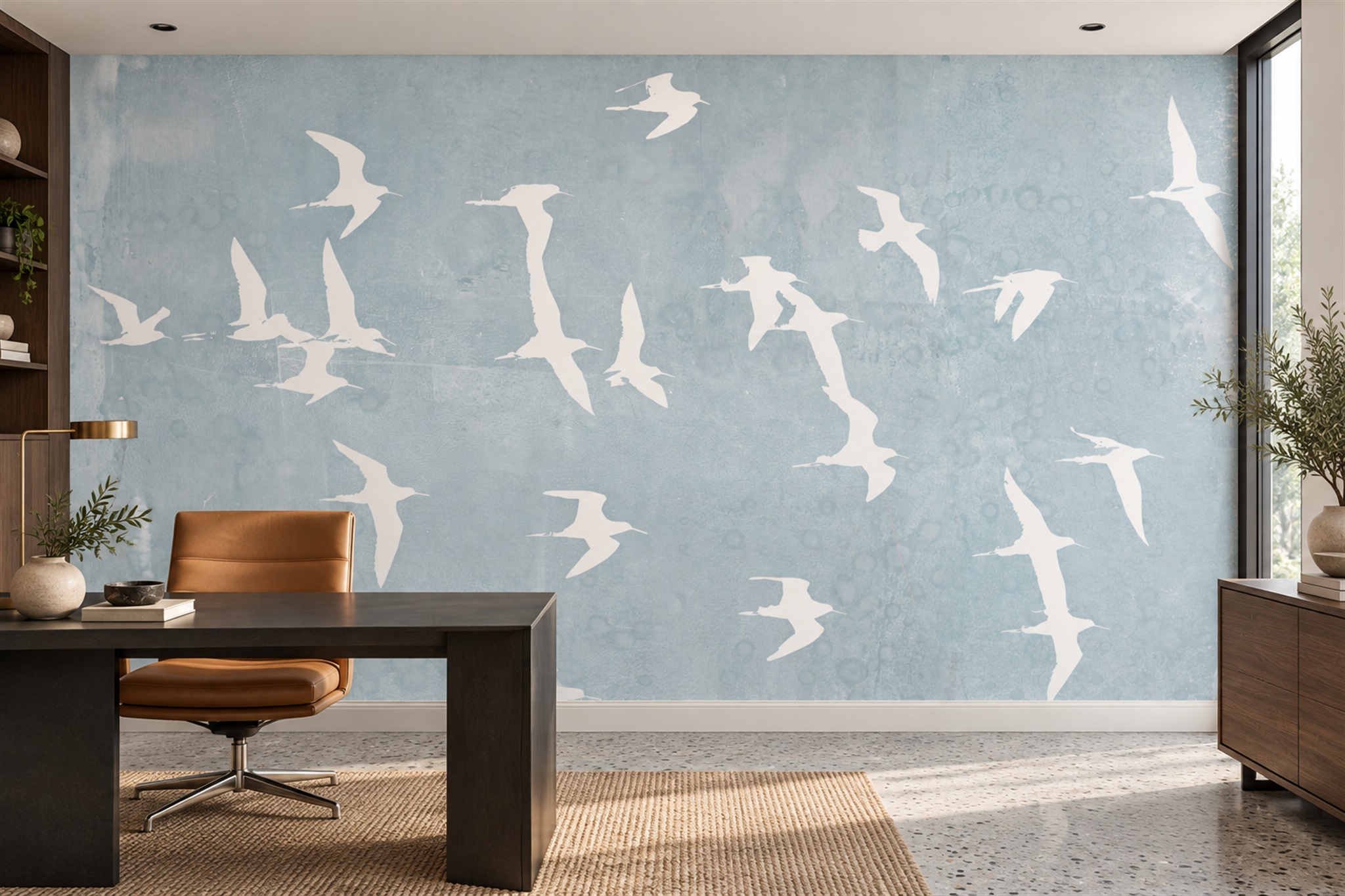 White Seabirds Over Blue Grey Wallpaper Mural — Wallpaper Mural Design, Peel-and-stick Finish