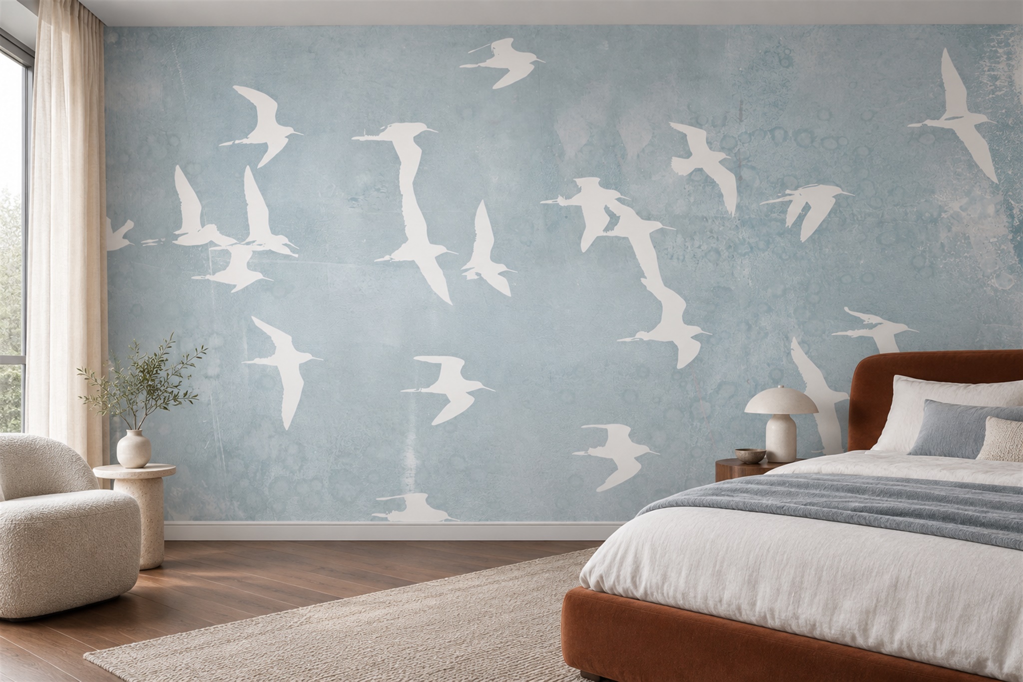 Blue Bird Illustrated Layered Wallpaper Mural Bedroom-wallpaper-murals, Peel-and-stick Finish