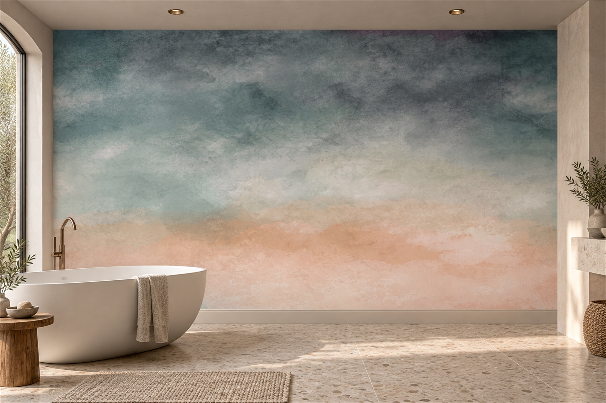 Peach Washed Artful Wallpaper Mural Bathroom-wallpaper-murals, Peel-and-stick Finish