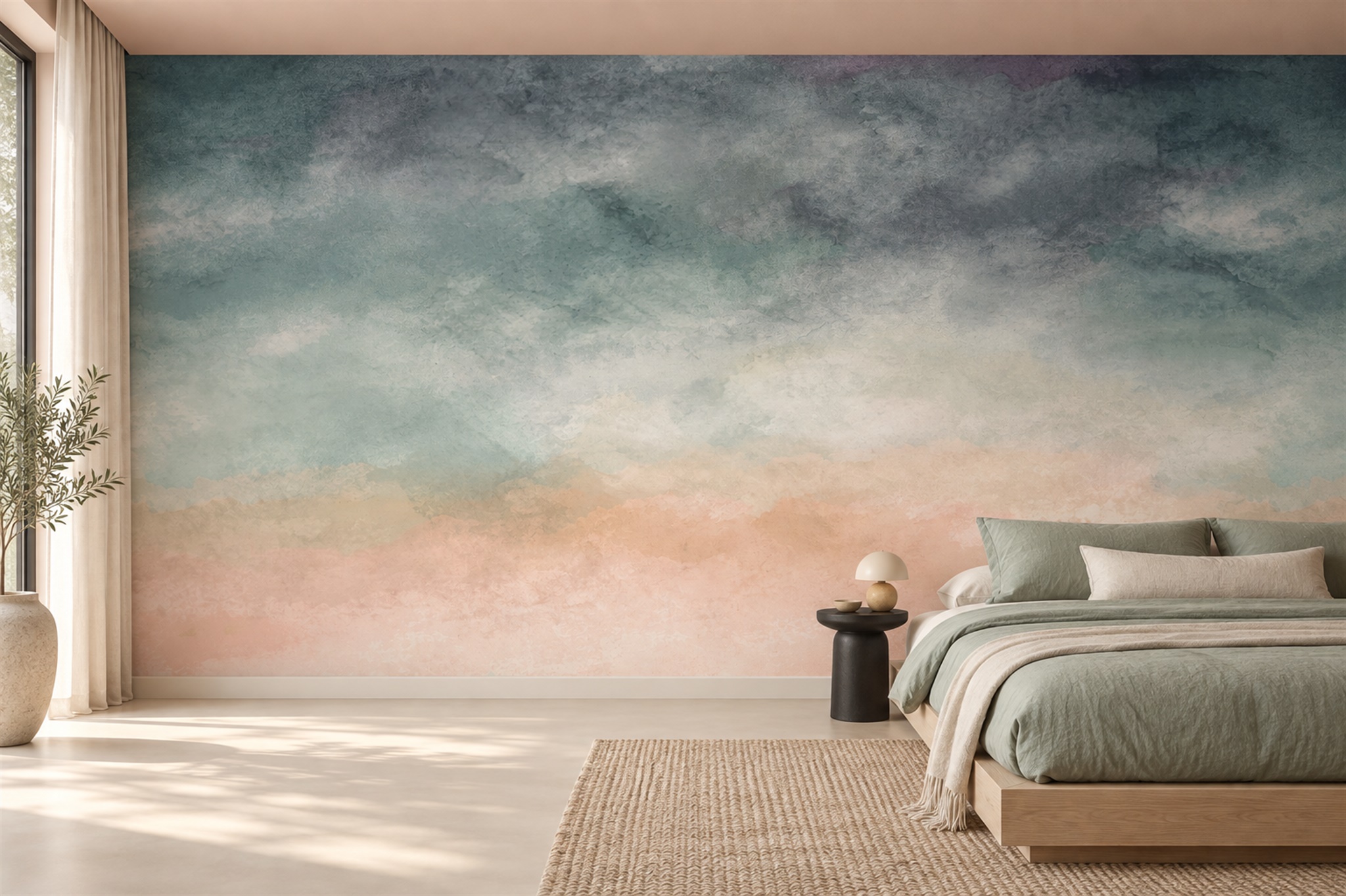 Peach And Teal Misty Cloud Wash Wallpaper Mural — Installed Wallpaper Mural In A Bedroom, Peel-and-stick Finish