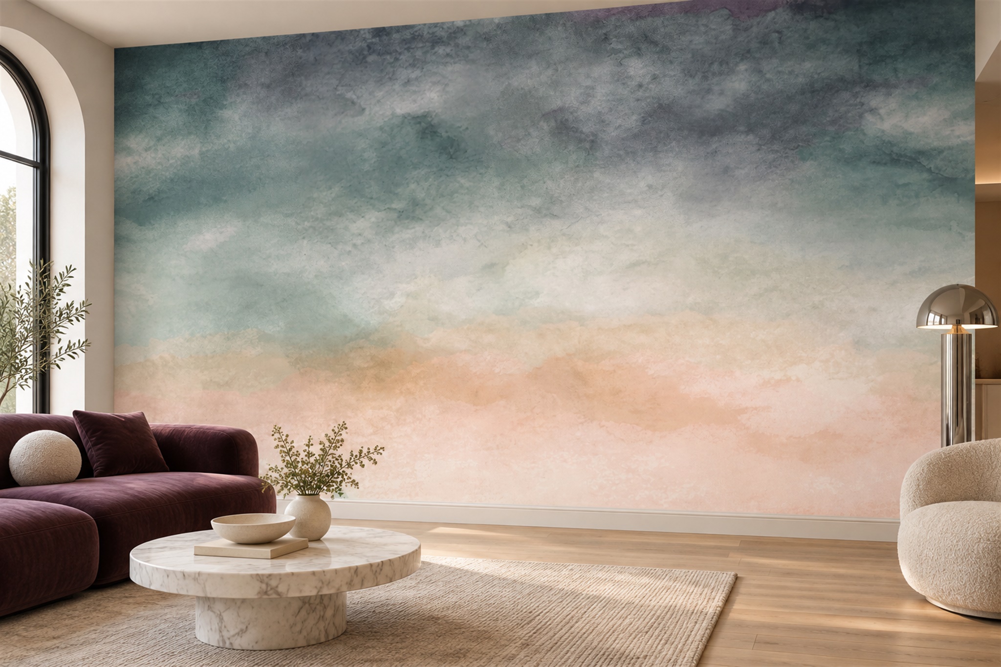 Peach Washed Artful Wallpaper Mural Accent-wall-wallpaper-murals, Peel-and-stick Finish