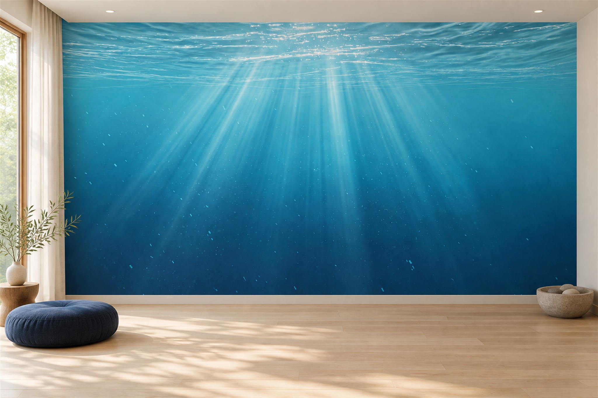Blue Ocean Scenic Painterly Wallpaper Mural Living-room-wallpaper-murals, Shown In A Living Room, Peel-and-stick Finish