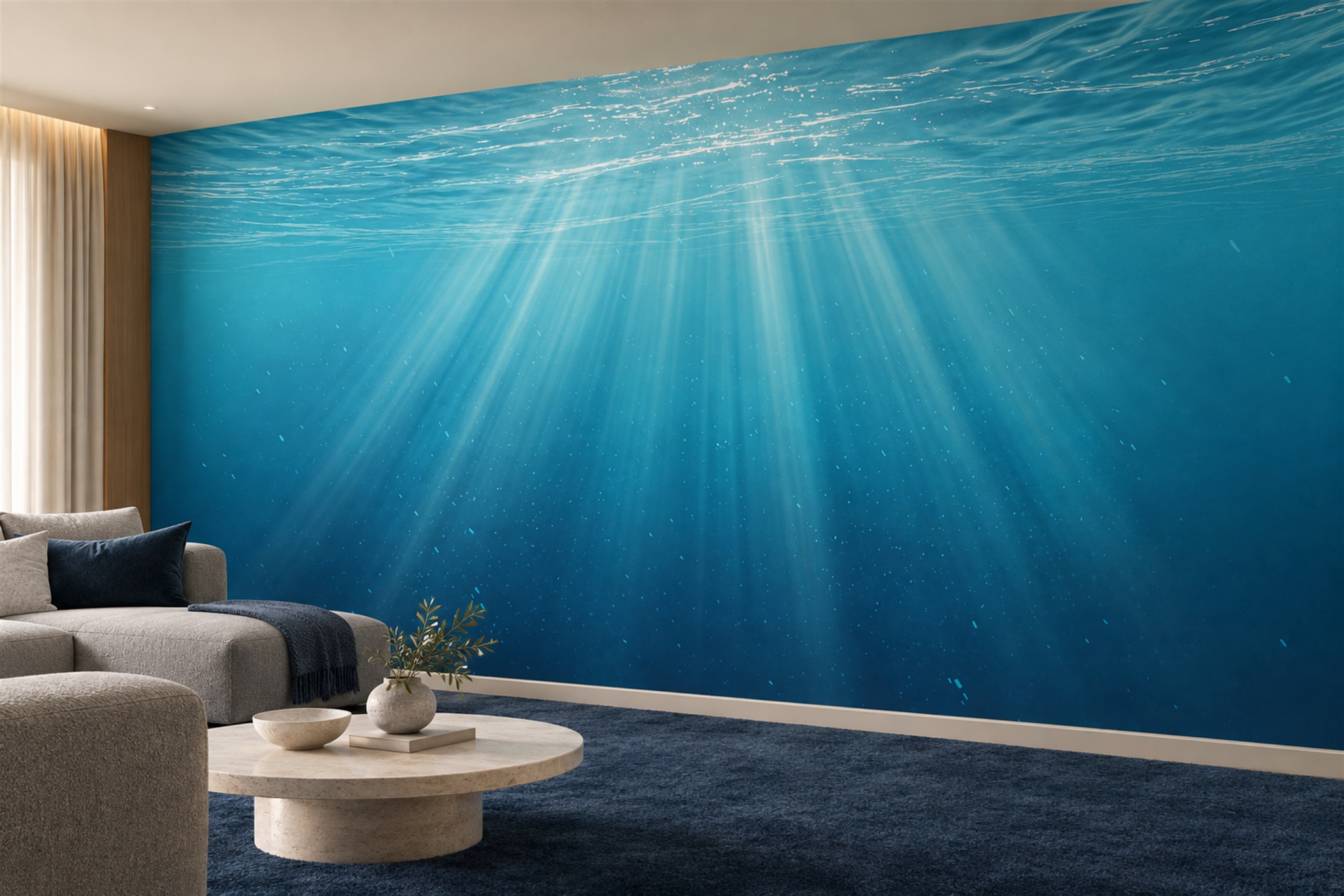 Blue Underwater Light Rays Wallpaper Mural — Wallpaper Mural Design, Peel-and-stick Finish