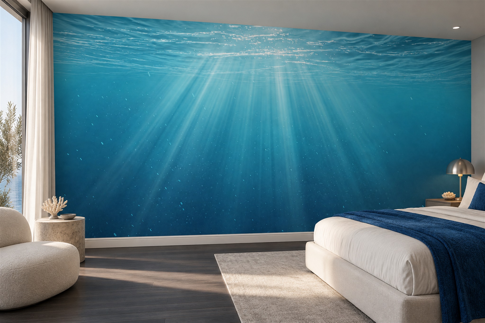 Blue Ocean Scenic Painterly Wallpaper Mural Living-room-wallpaper-murals, Peel-and-stick Finish