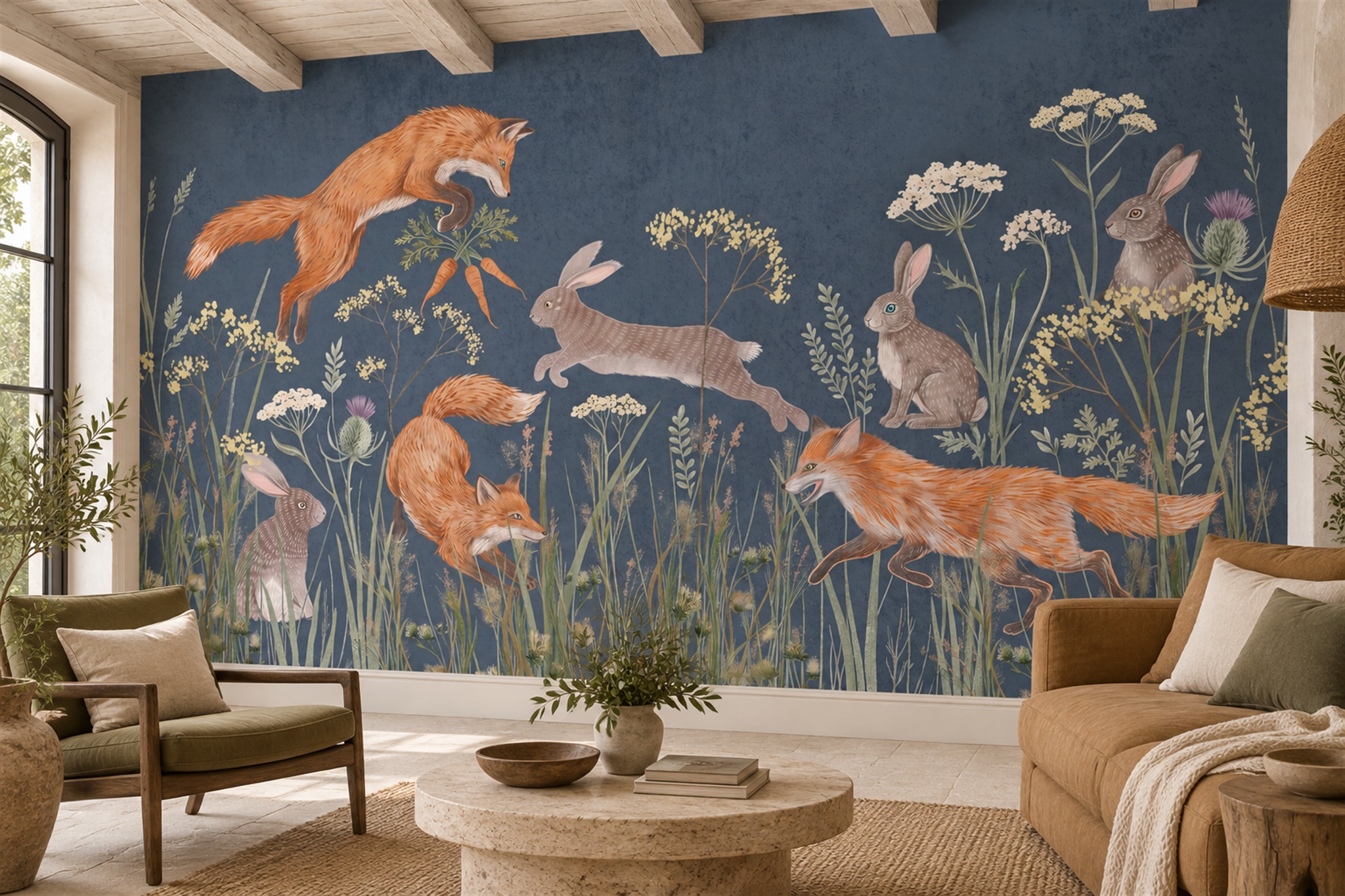 Foxes And Rabbits In A Wildflower Meadow Wallpaper Mural — Wallpaper Mural Design, Peel-and-stick Finish