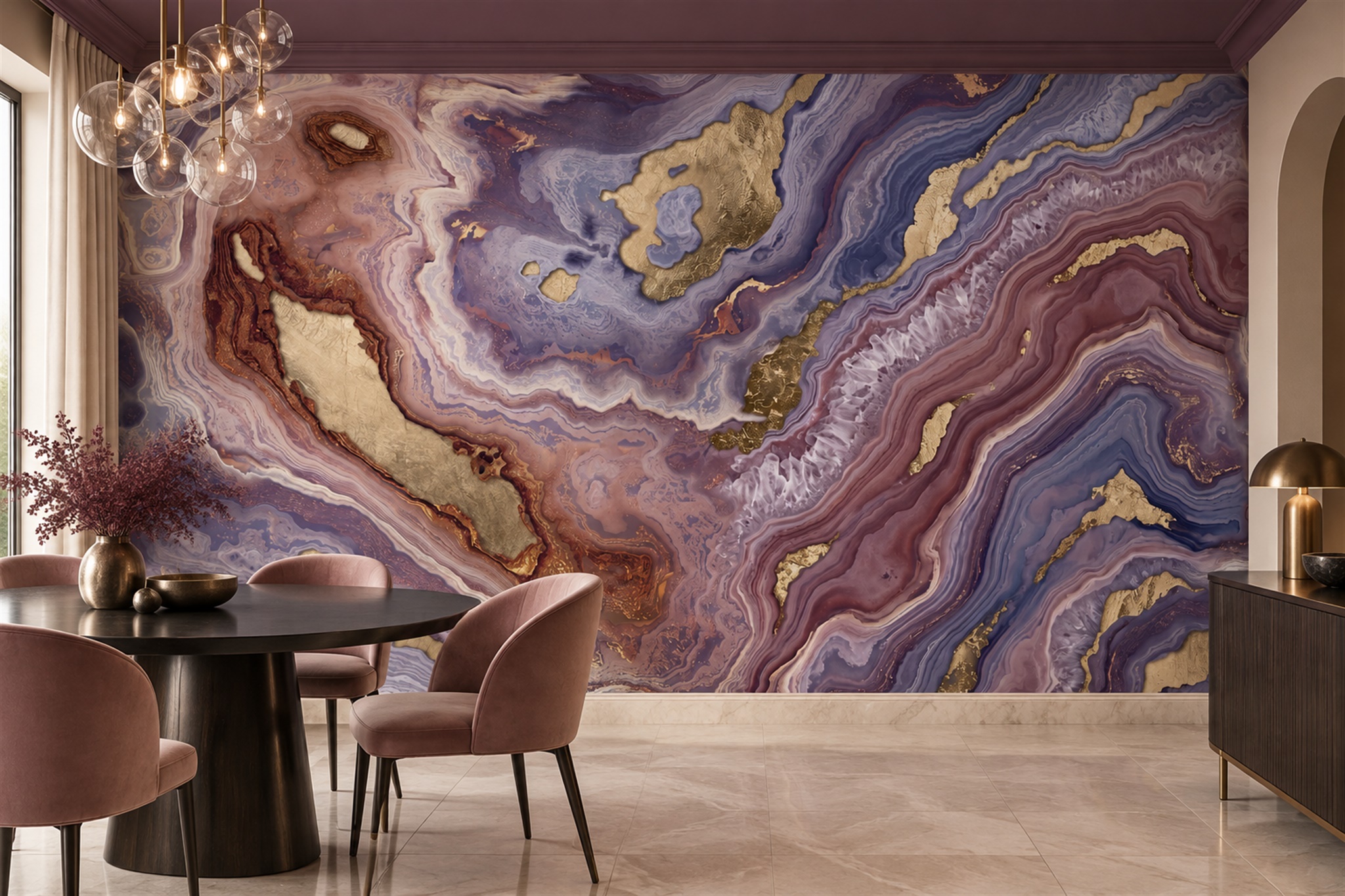 Purple Agate Decorative Wallpaper Mural Dining-room-wallpaper-murals, Shown In A Dining Room, Peel-and-stick Finish