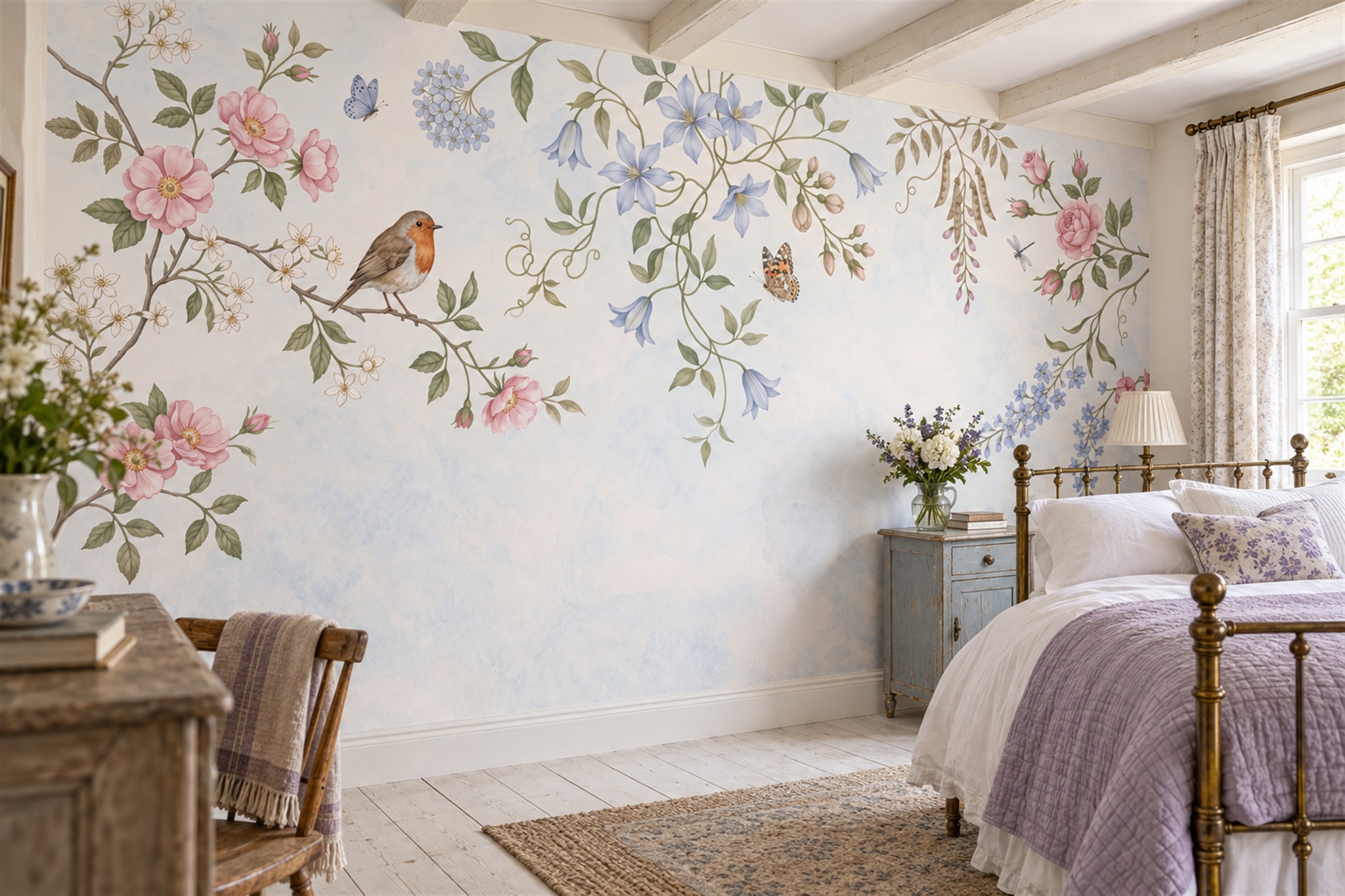 Pink Blossom Branches With Garden Birds Wallpaper Mural — Installed Wallpaper Mural In A Bedroom, Peel-and-stick Finish