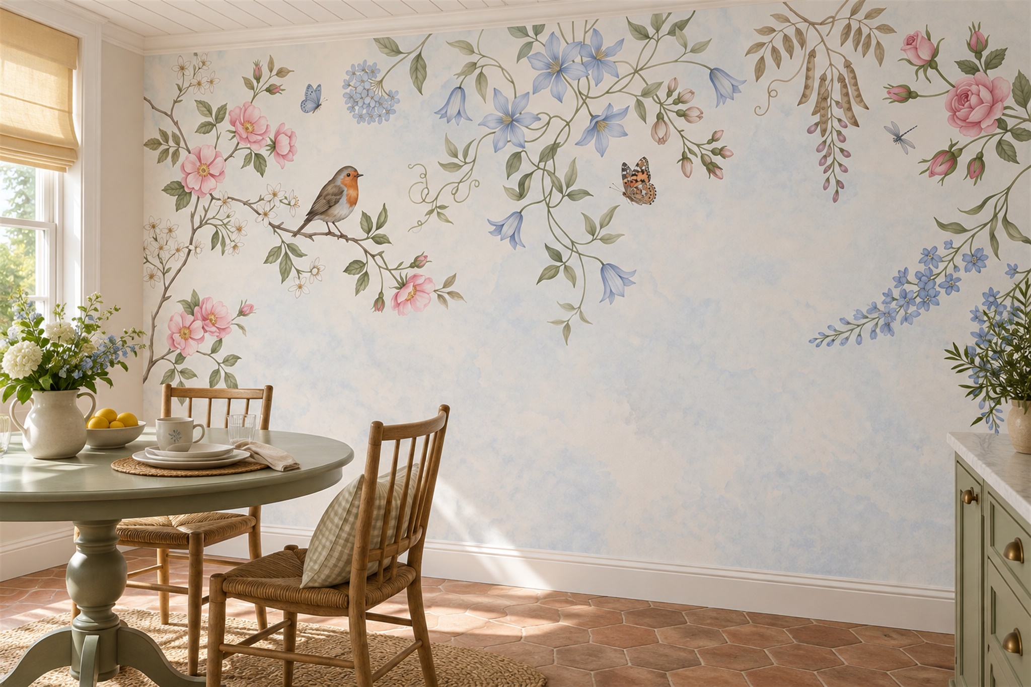 Pink Blossom Botanical Decorative Wallpaper Mural Dining-room-wallpaper-murals, Shown In A Dining Room, Peel-and-stick Finish