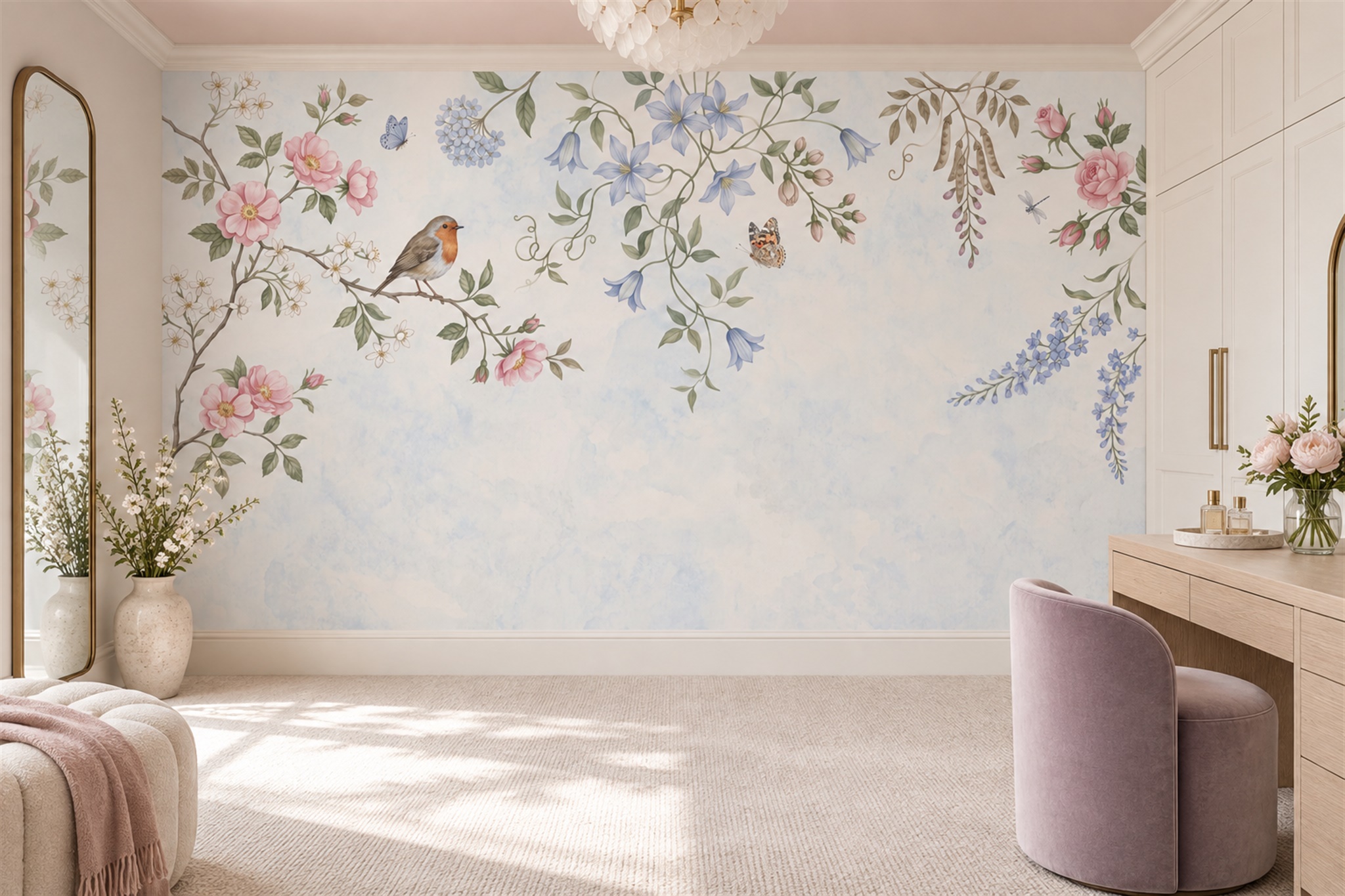 Pink Blossom Botanical Decorative Wallpaper Mural Feature-wall-wallpaper-murals, Peel-and-stick Finish