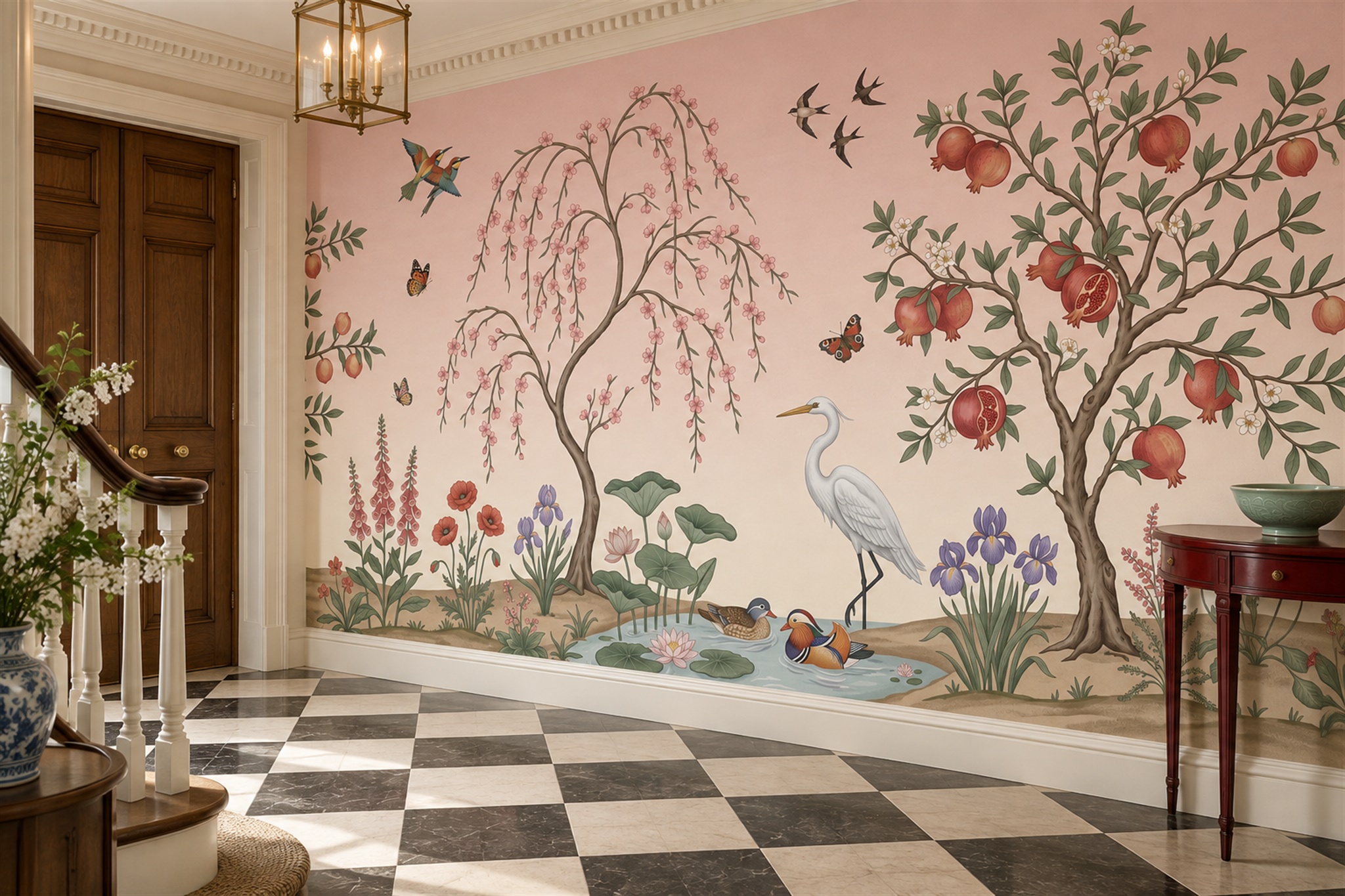 Pomegranate Orchard With Birds And Waterfowl Wallpaper Mural — Installed Wallpaper Mural In A Entryway, Peel-and-stick Finish