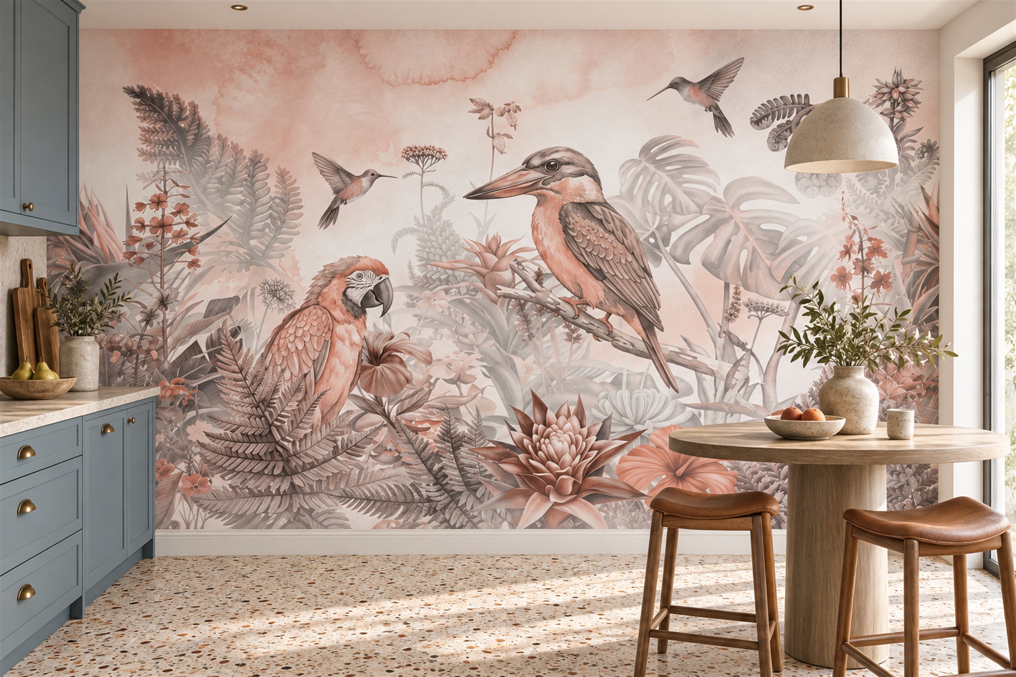 Tropical Birds Among Blush Botanical Foliage Wallpaper Mural — Wallpaper Mural Design, Peel-and-stick Finish